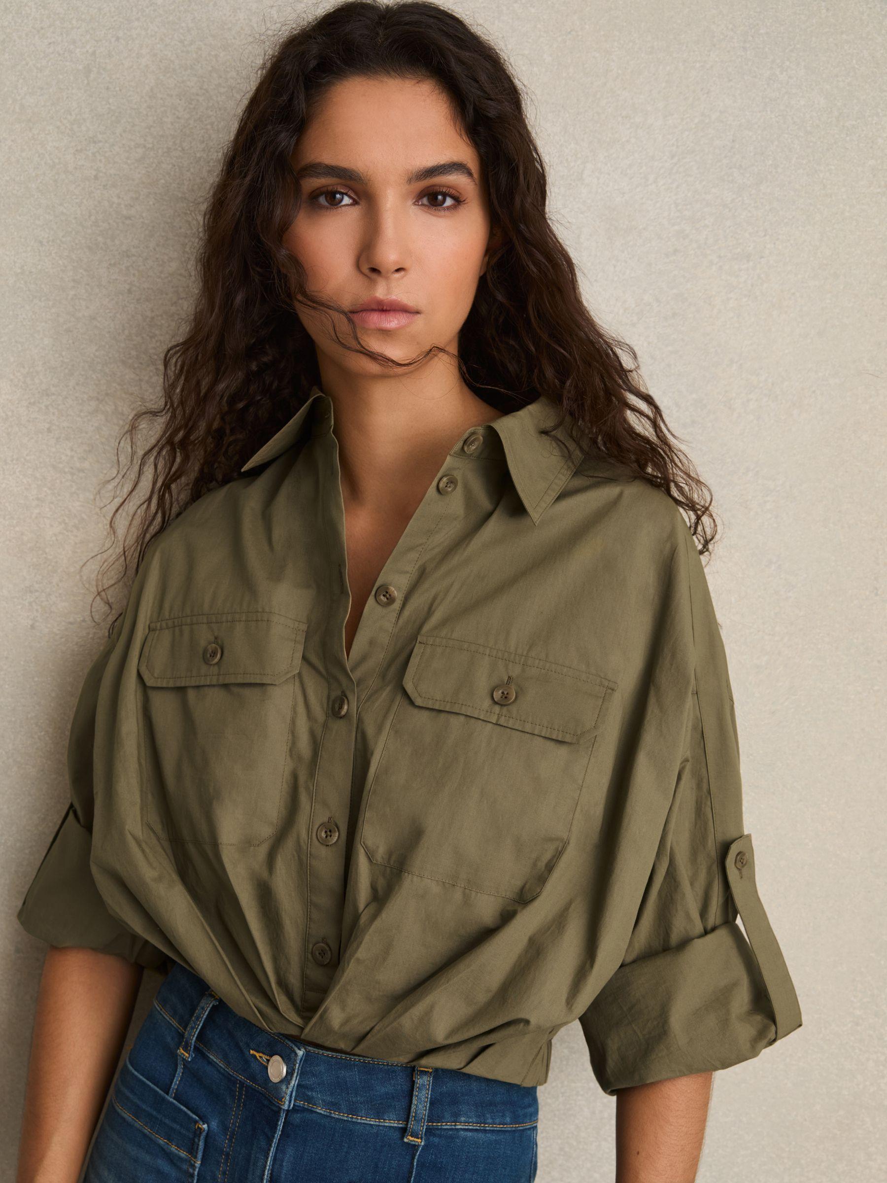 Pleat-Hem Cropped Shirt in Khaki Product Image