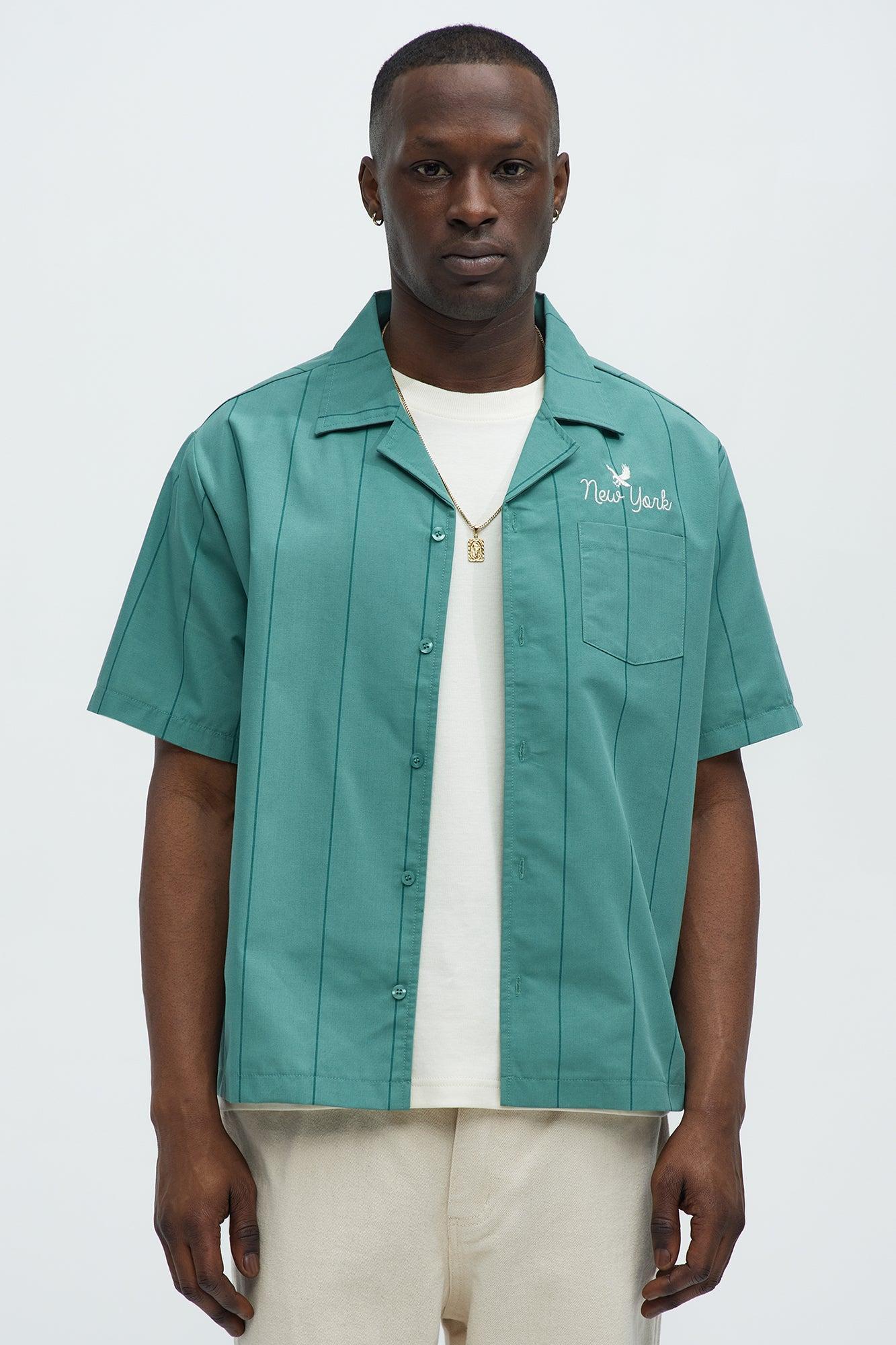 Back Embroidered Cropped Cuban Collar Button Up Shirt - Green Product Image
