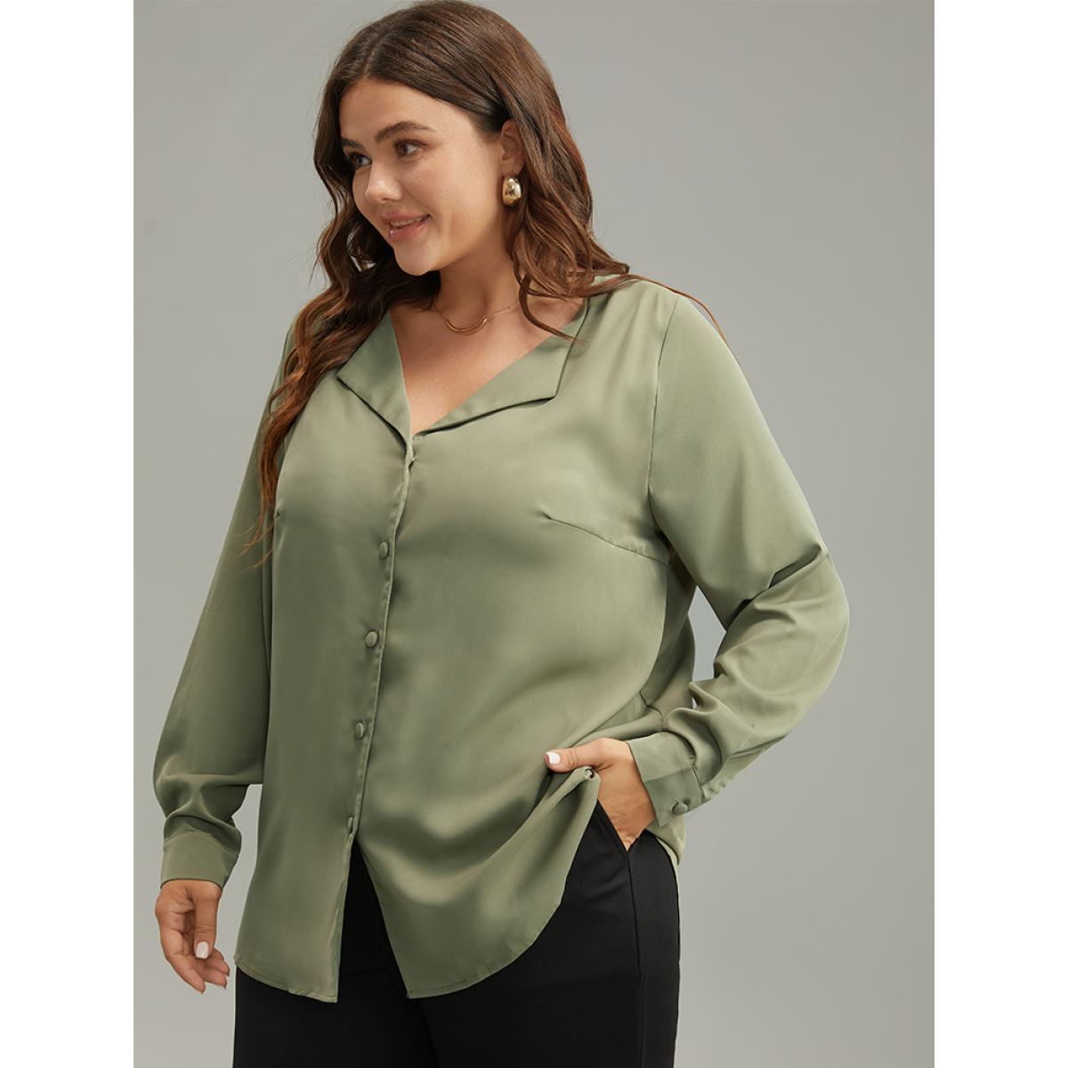 Plus Size ArmyGreen Lapel Collar Button Up Blouse Women Office Long Sleeve Lapel Collar Work Blouses BloomChic 28/5X Product Image
