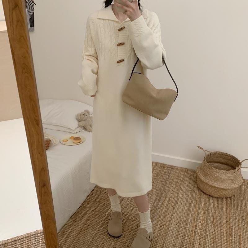 Long-Sleeve Polo-Neck Plain Midi Sweater Dress Product Image