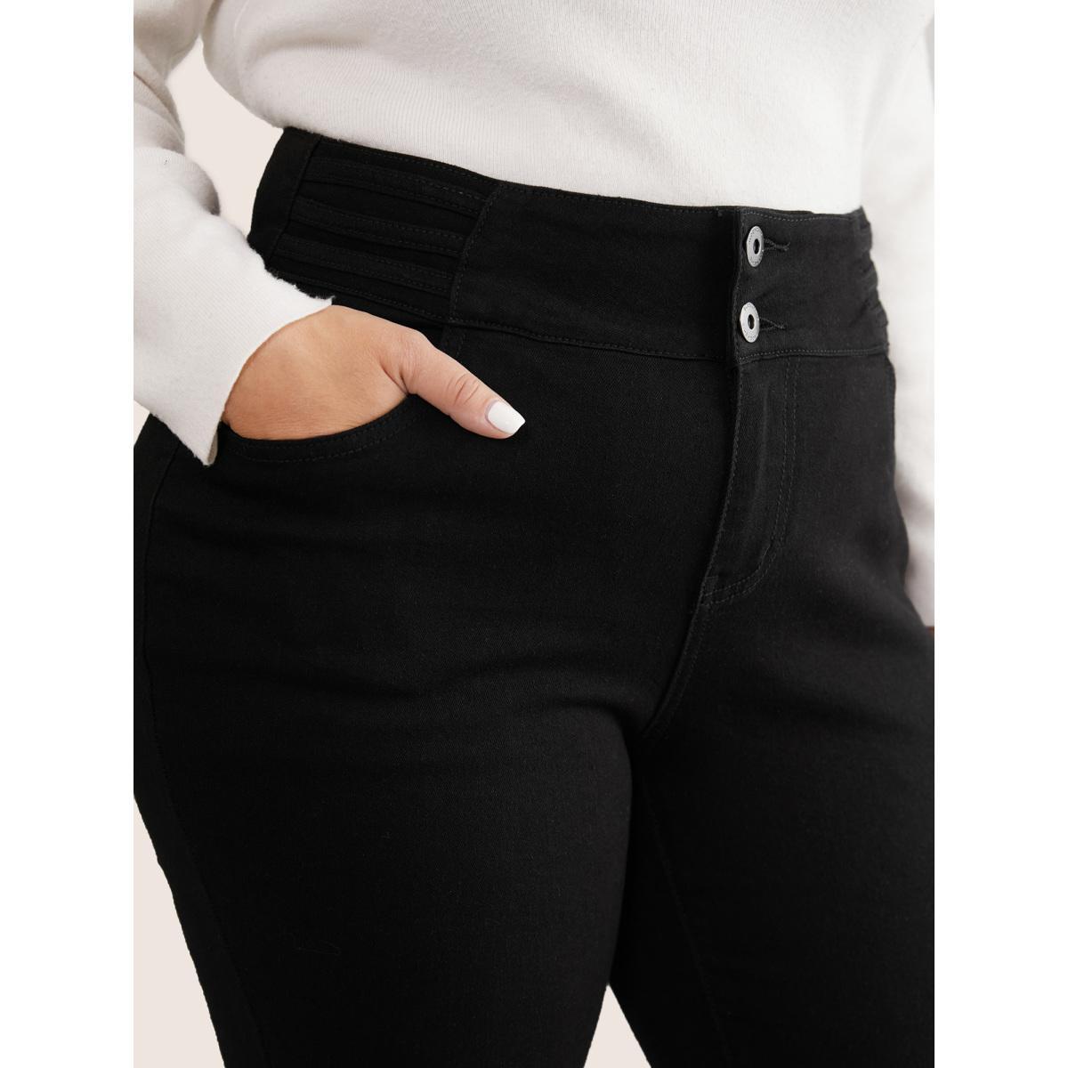 Plus Size Black Wash Button Through Skinny Jeans Women Black Casual Plain Plain High stretch Pocket Jeans BloomChic 10/M Product Image