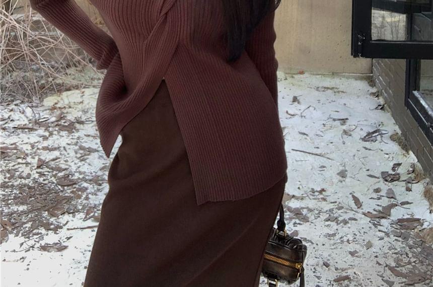 Long Sleeve V-Neck Plain Twist Ribbed Knit Top / High Waist Plain Maxi Pencil Skirt Product Image