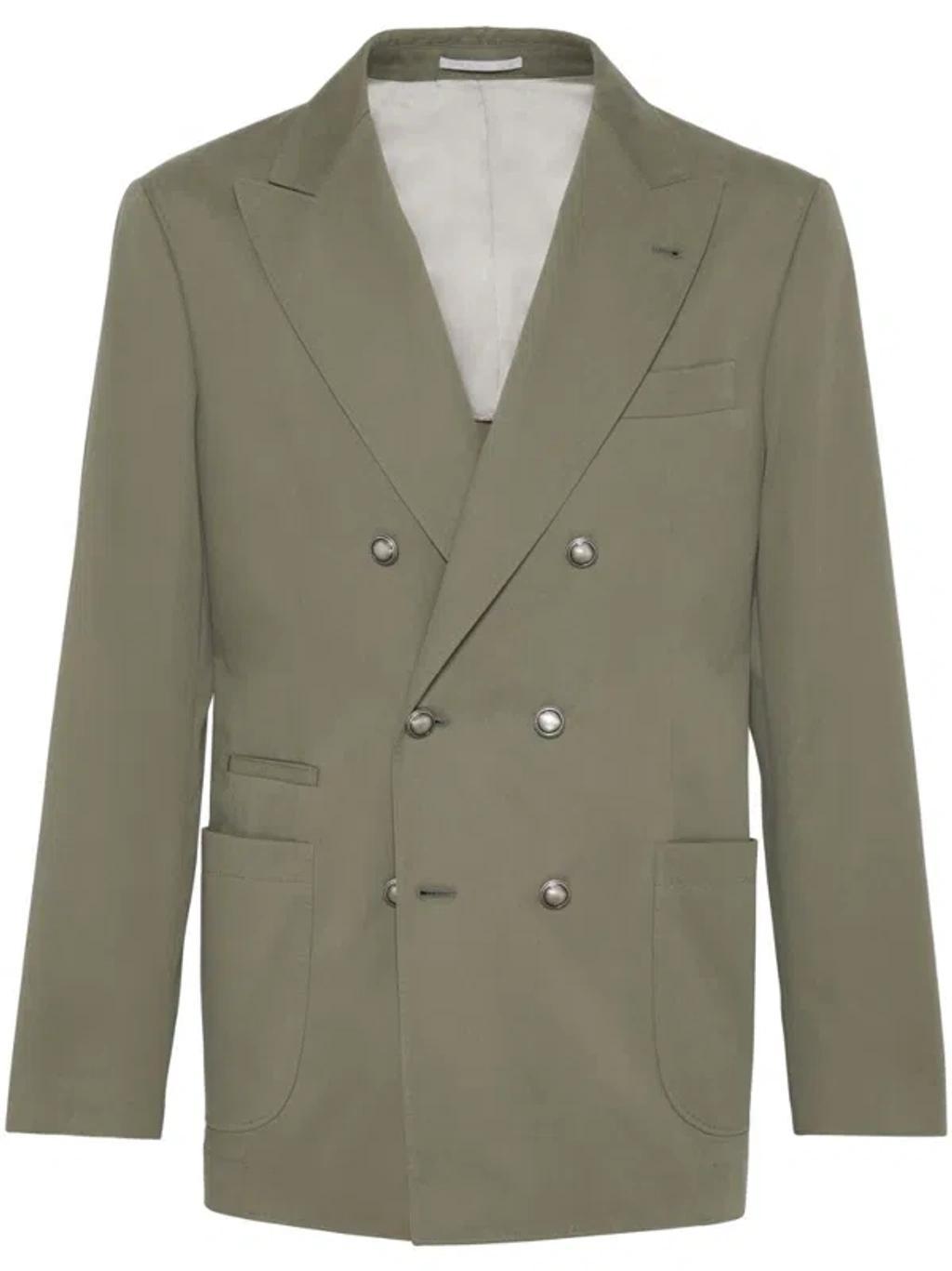 BRUNELLO CUCINELLI Double-breasted Cotton-blend Suit Jacket In Green Product Image