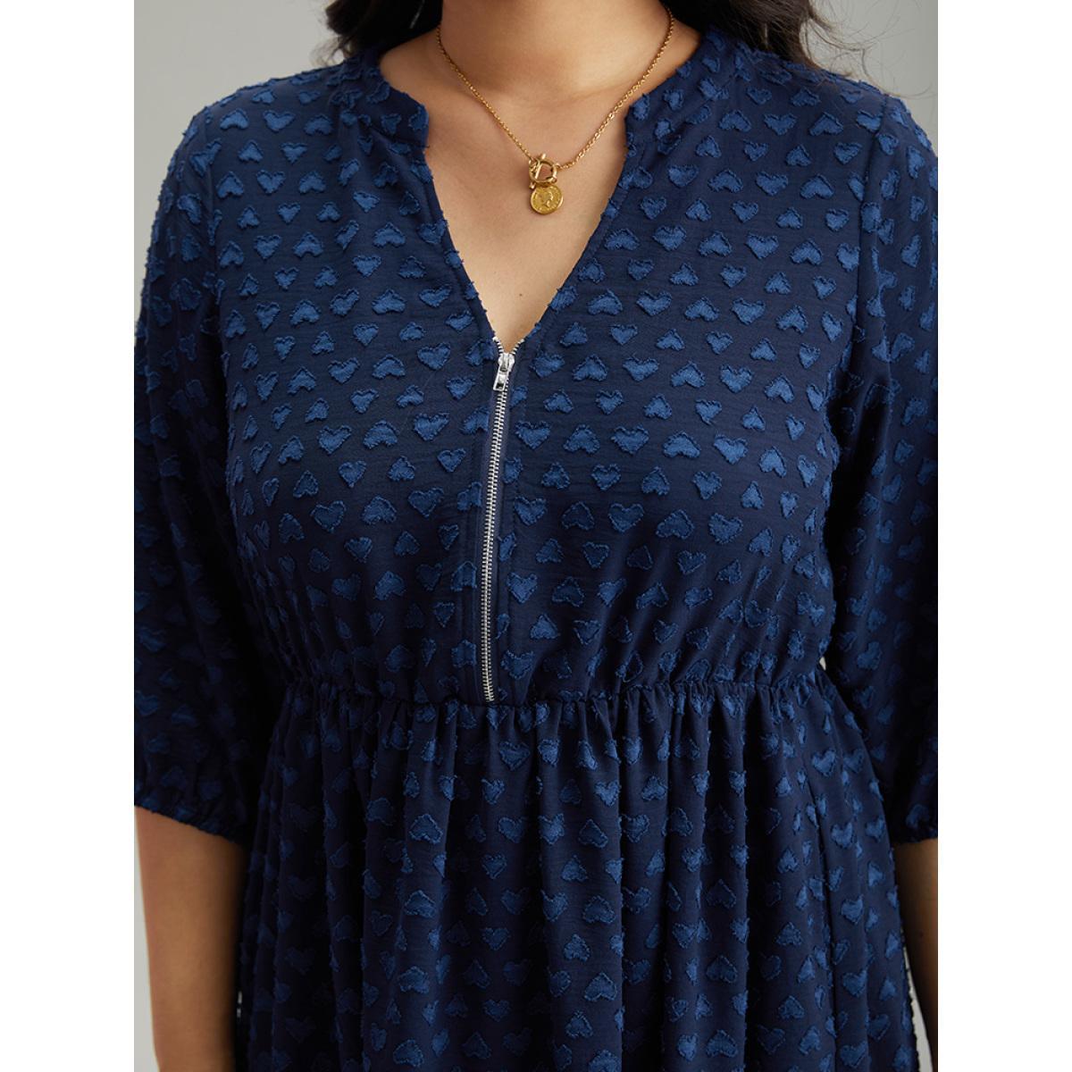 Plus Size Plain Heart Textured Half Zip Notched Dress Indigo Women Office Elastic cuffs Notched collar Elbow-length sleeve Curvy Midi Dress BloomChic 28/5X Product Image