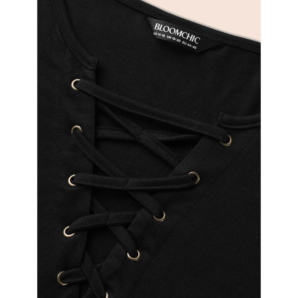 Plus Size Solid Cross Straps Eyelet T-shirt Black Women Casual Eyelet V-neck Everyday T-shirts BloomChic 30/6X Product Image