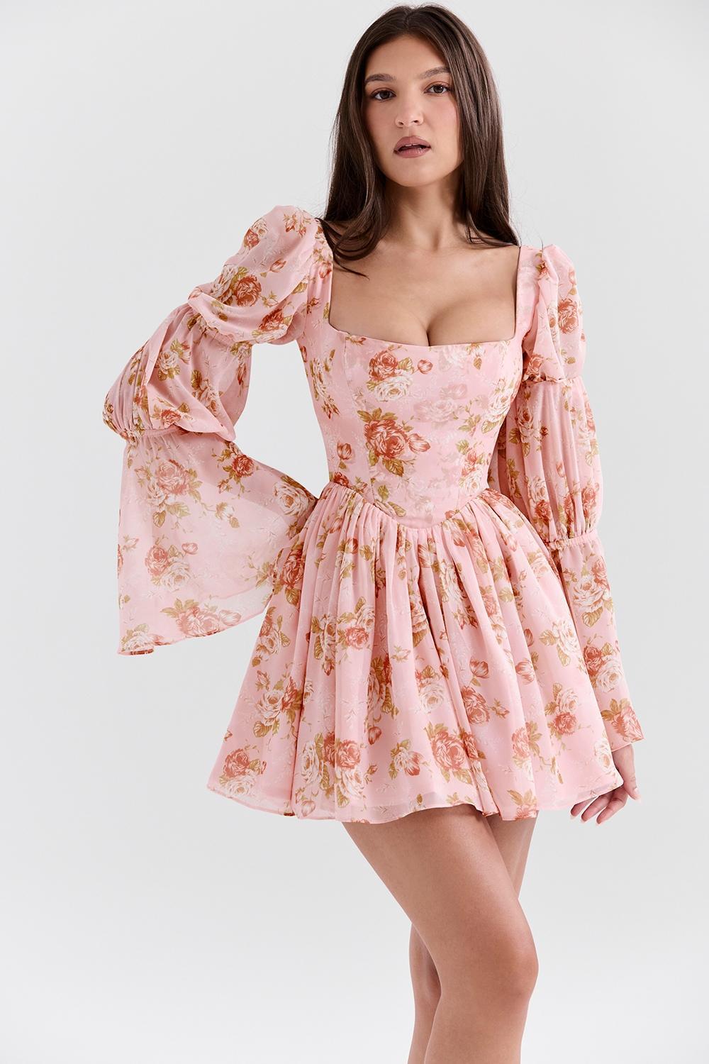 Sancia English Vintage Rose Print Puff Sleeve Mini Dress Product Image