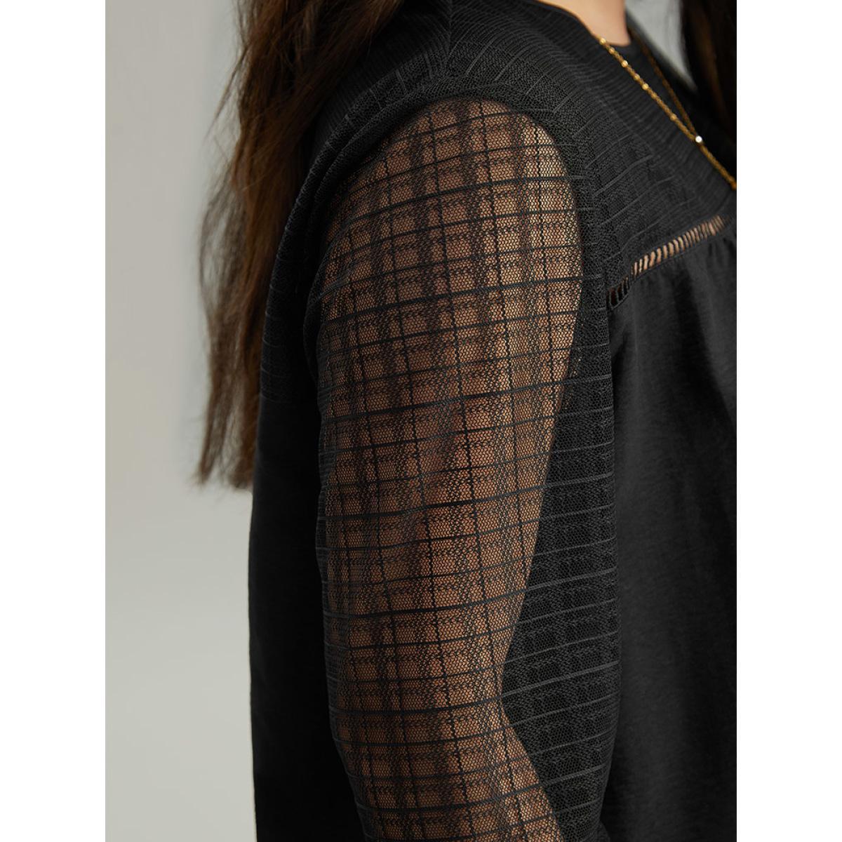 Plus Size Black Solid Keyhole Mesh Plicated Detail Blouse Women Glamour Long Sleeve Round Neck Going out Blouses BloomChic 14-16/1X Product Image