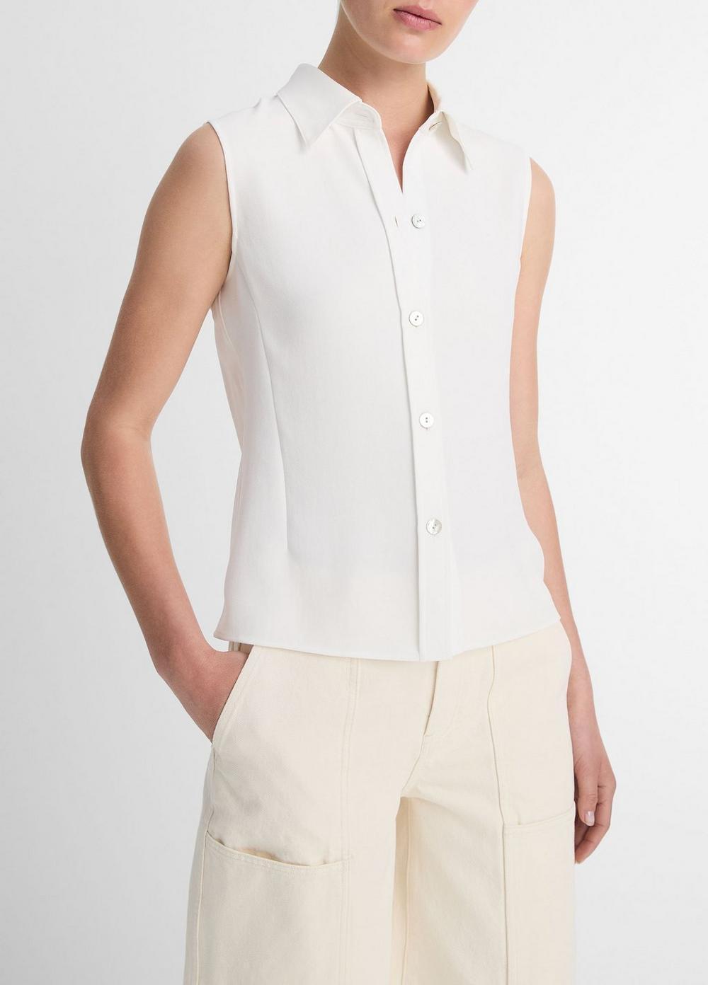 Womens Sleeveless Button-Front Shirt, Off White, Size L Vince Product Image