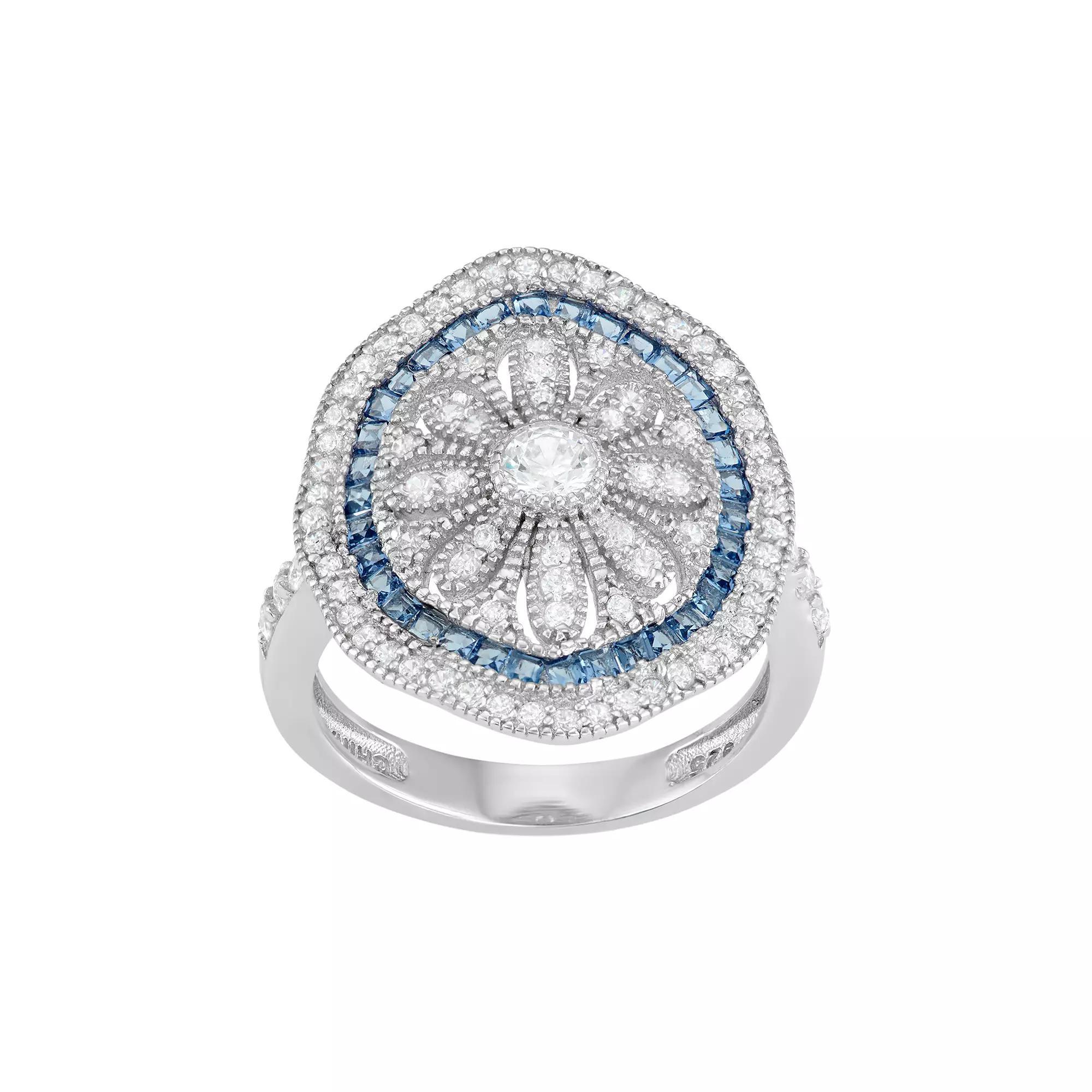Sterling Silver Blue Glass & Cubic Zirconia Flower Ring, Women's, Size: 8 Product Image