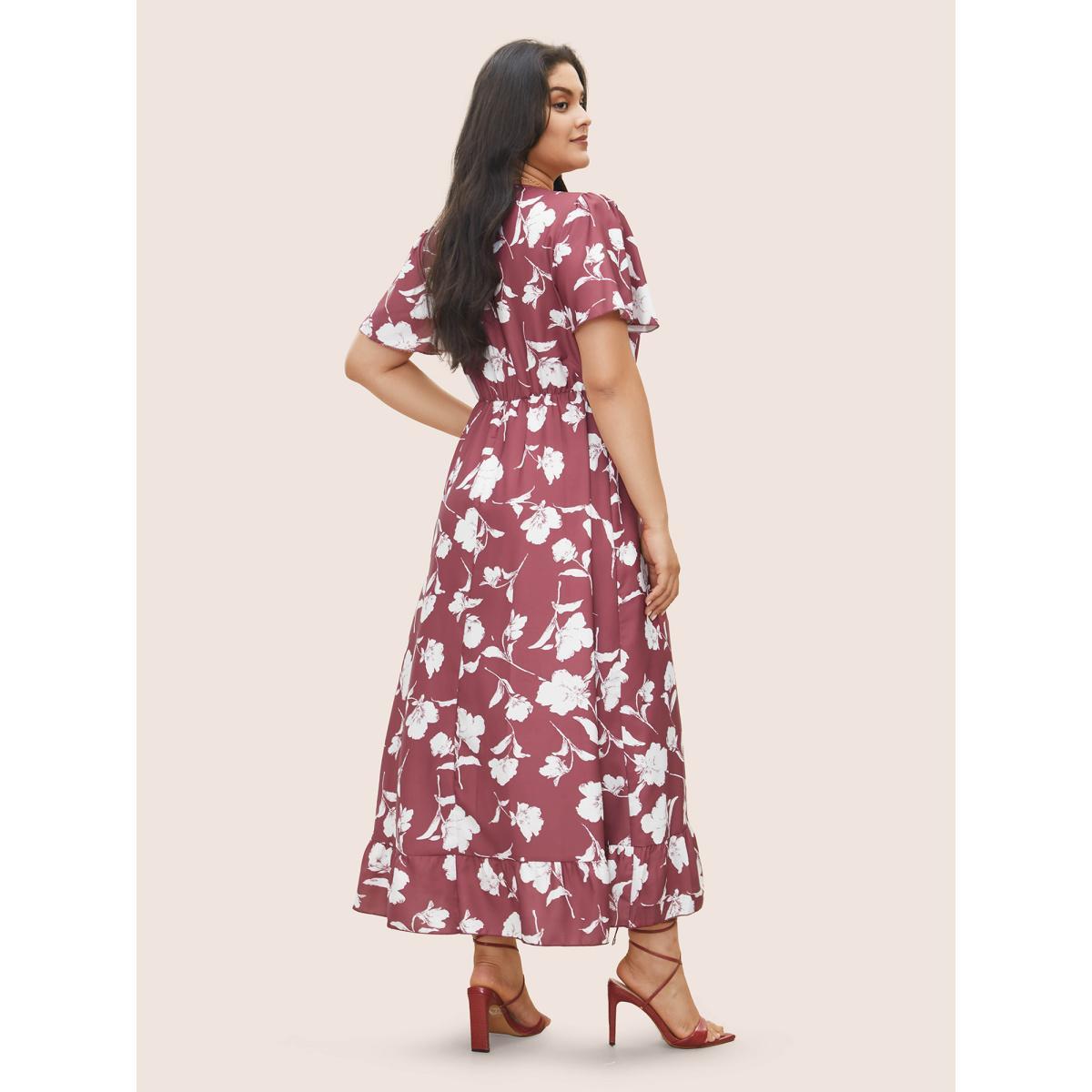 Plus Size Floral Ruffle Knot Side Wrap Dress DustyPink Women Elegant Ruffles V-neck Short sleeve Curvy Midi Dress BloomChic 10/M Product Image