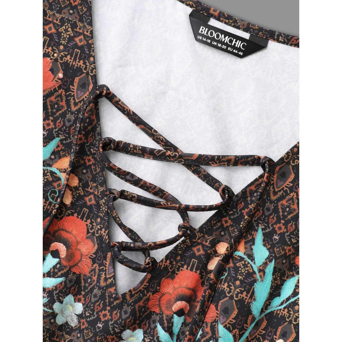 Plus Size DarkBrown Floral Bandana Crisscross Blouse Women Resort Extra Long Sleeve V-neck Vacation Blouses BloomChic 12/L Product Image