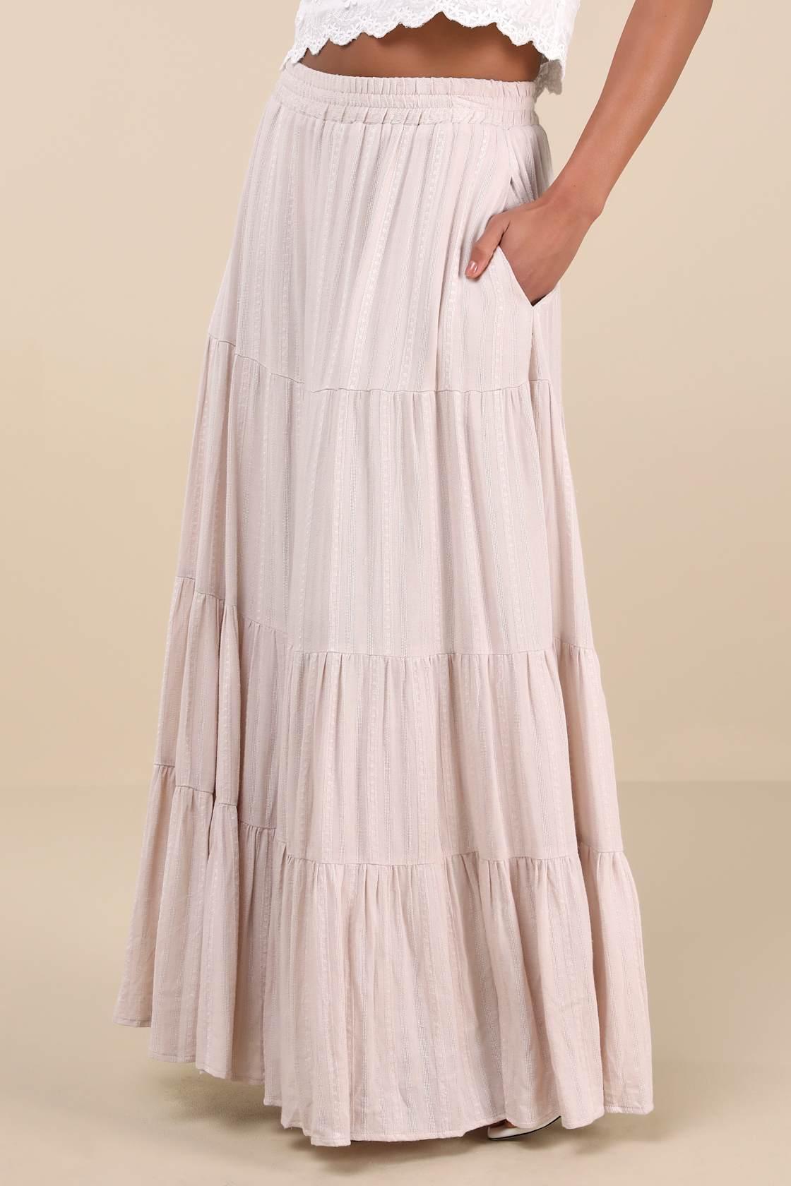 Sunset by the Sea Light Beige Embroidered Tiered Maxi Skirt Product Image