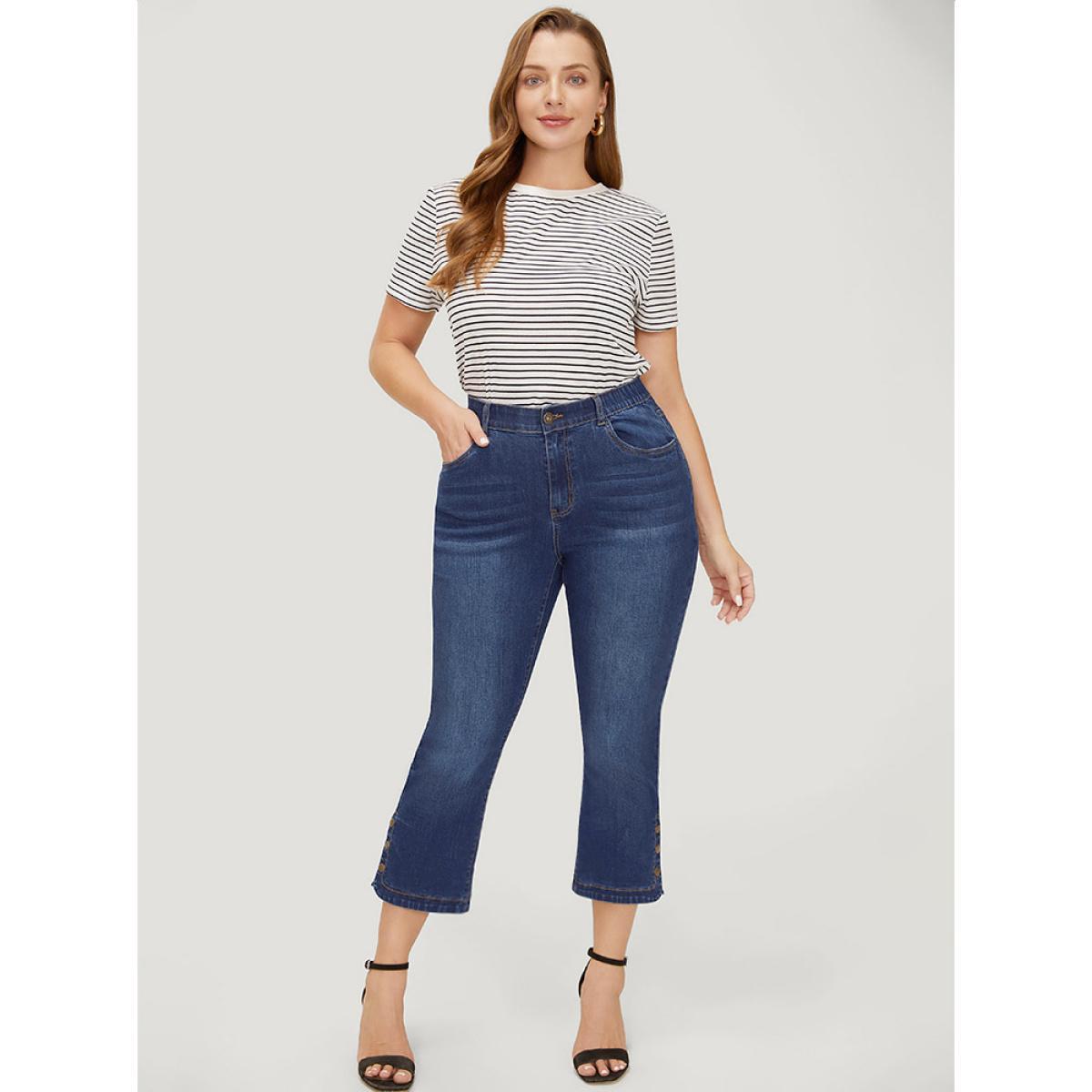 Plus Size Bootcut Very Stretchy High Rise Dark Wash Button Side Jeans Women DarkBlue Casual Plain Button High stretch Pocket Jeans BloomChic 10/M Product Image