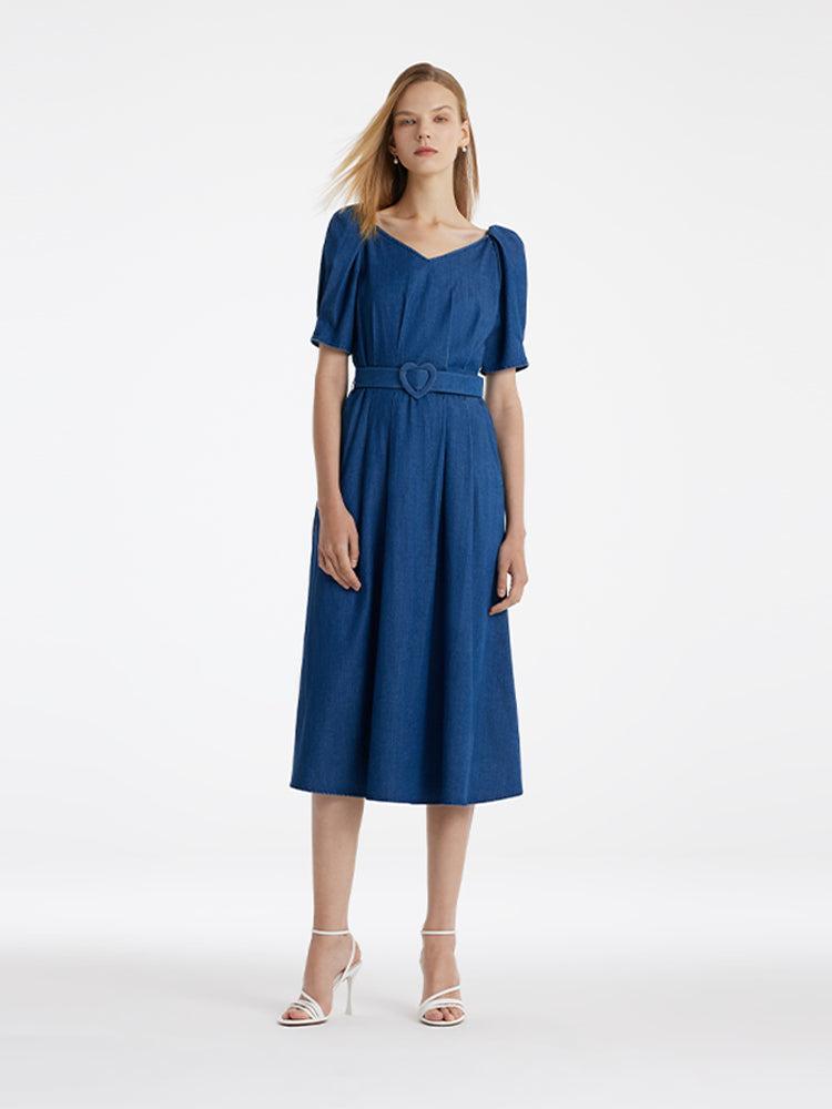 Denim Women Midi Dress With Heart-Shaped Buckle Belt Product Image