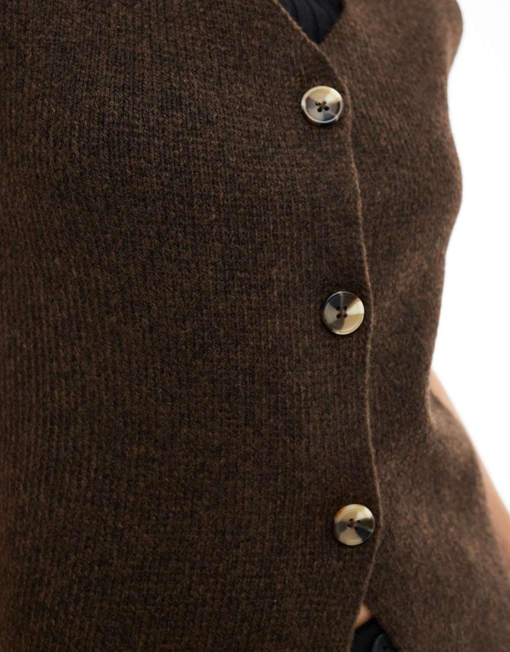 Threadbare v-neck knit button up vest in light brown Product Image