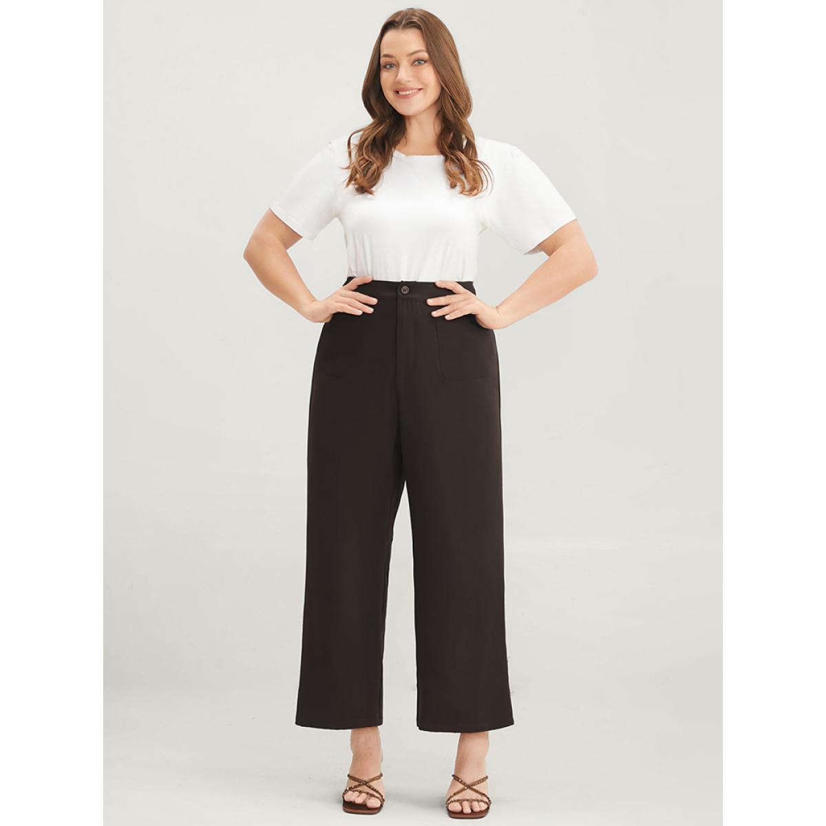 Plus Size Plain Pocket Front Wide Leg High Rise Pants Women DarkBrown Office Wide Leg High Rise Work Pants BloomChic 18-20/2X Product Image