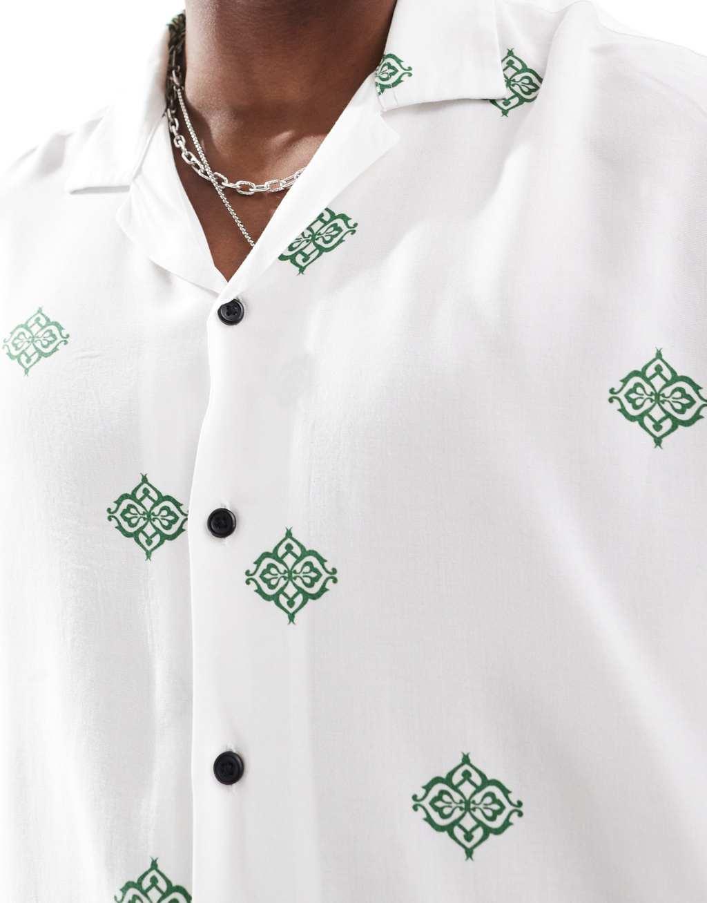 Jack & Jones camp collar placement print shirt in white Product Image