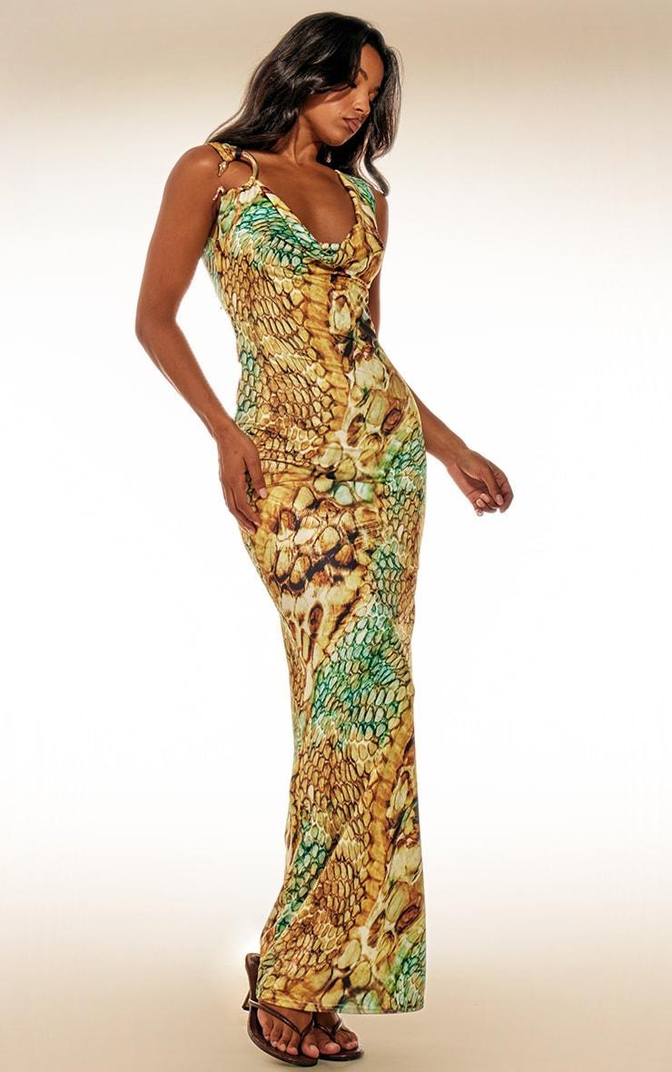 Multi Abstract Snake Print Double Layer Slinky Trim Maxi Dress Product Image