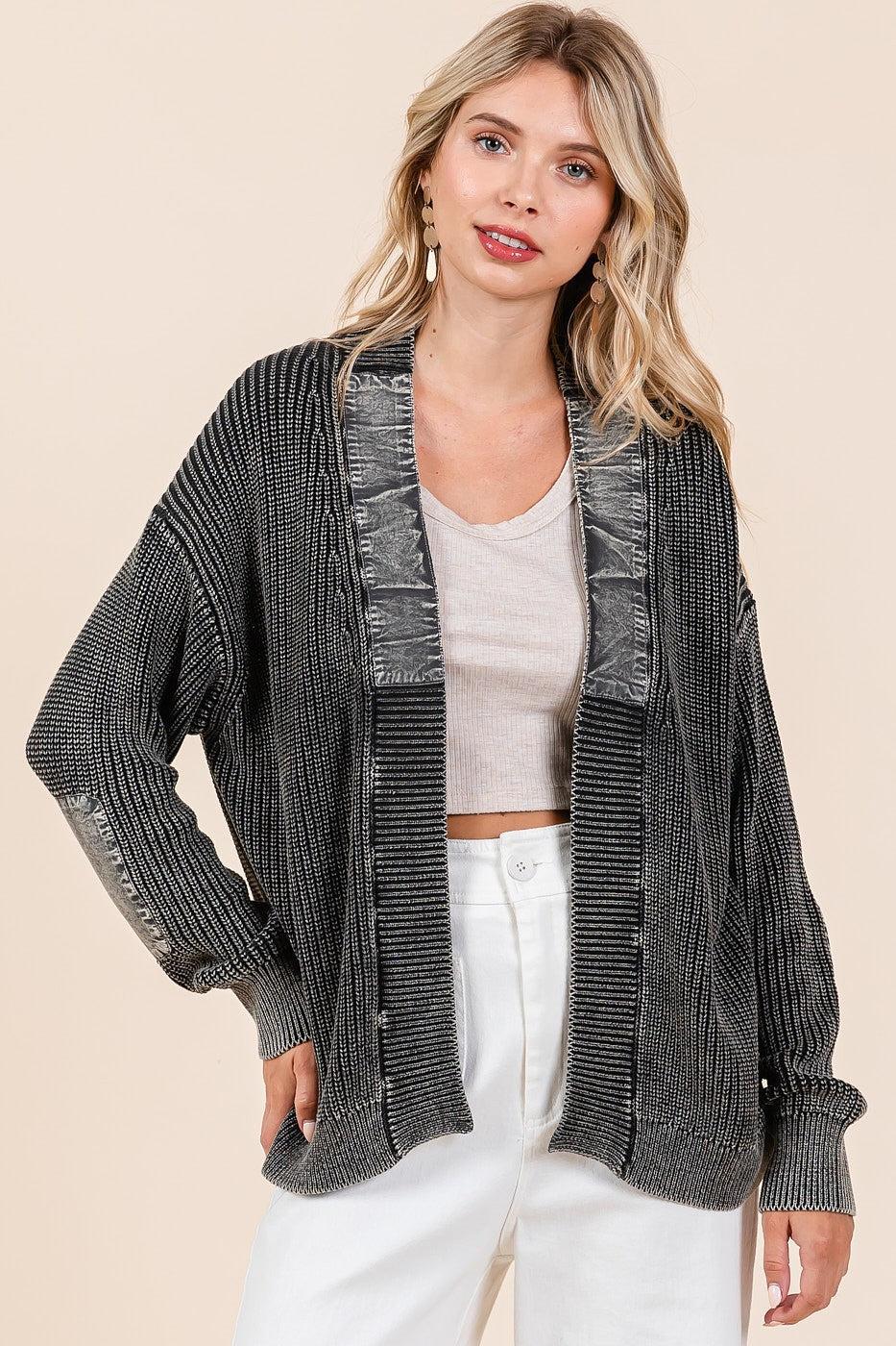 MINERAL WASH CONTRAST PATCH OPEN FRONT CARDIGAN Product Image