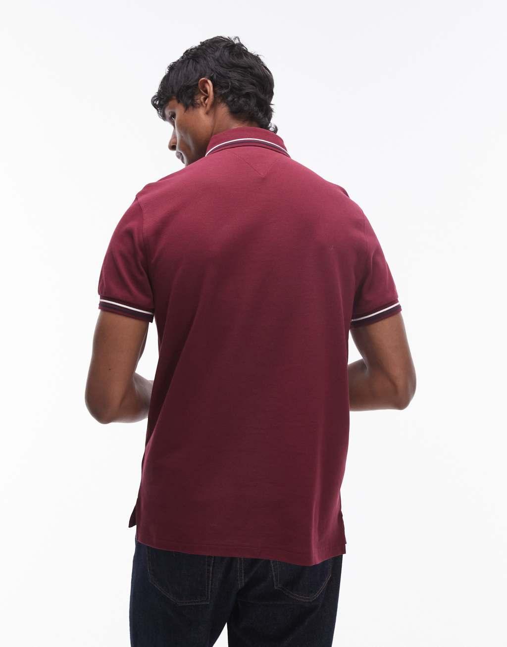 Tommy Hilfiger tipped slim fit polo shirt in burgundy Product Image