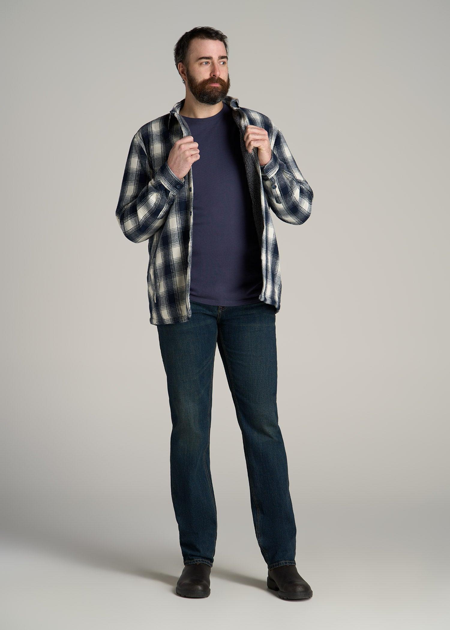 LJ&S Men's Tall Sherpa Lined Shirt Jacket in Midnight Navy & Ecru Plaid Product Image