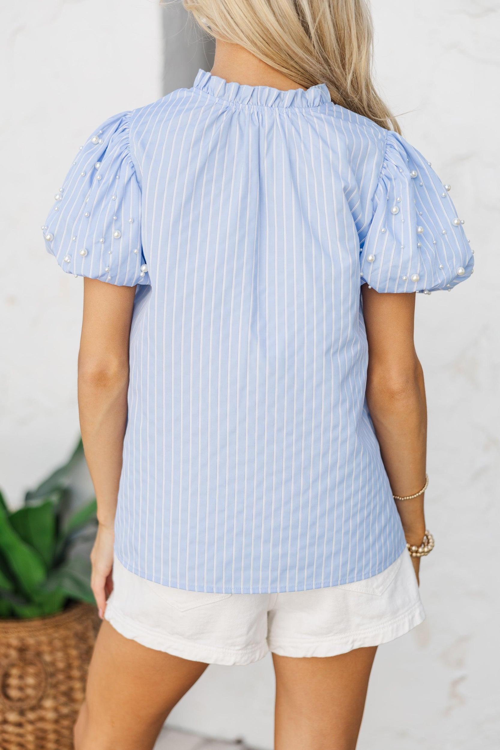Look For It Blue Embellished Striped Blouse Female Product Image