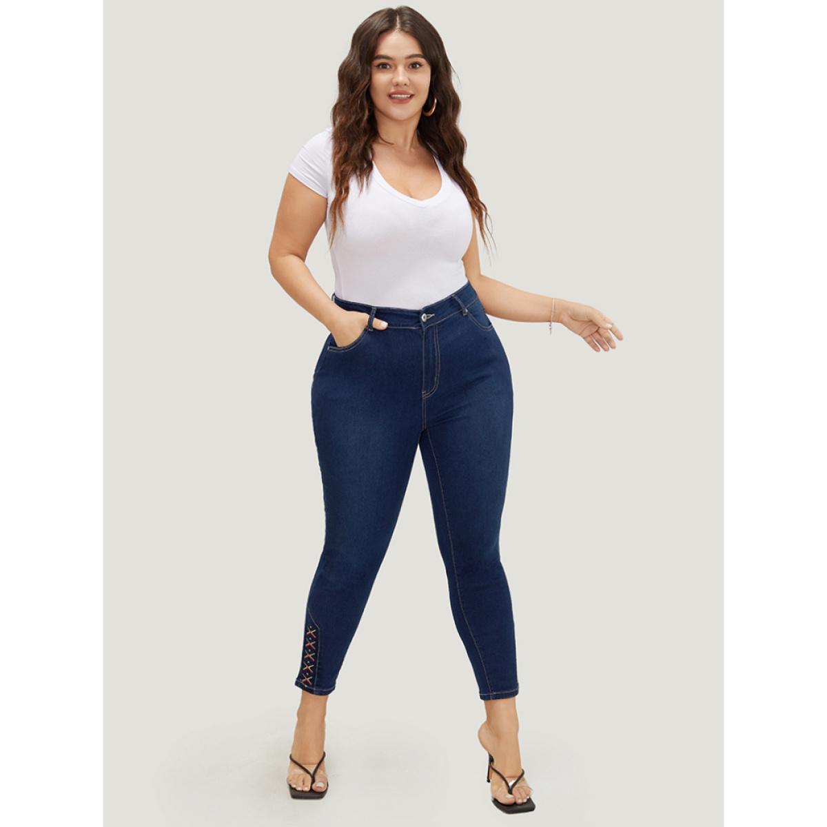Plus Size Very Stretchy High Rise Dark Wash Geometric Embroidered Jeans Women Indigo Casual Plain Embroidered High stretch Pocket Jeans BloomChic 12/L Product Image