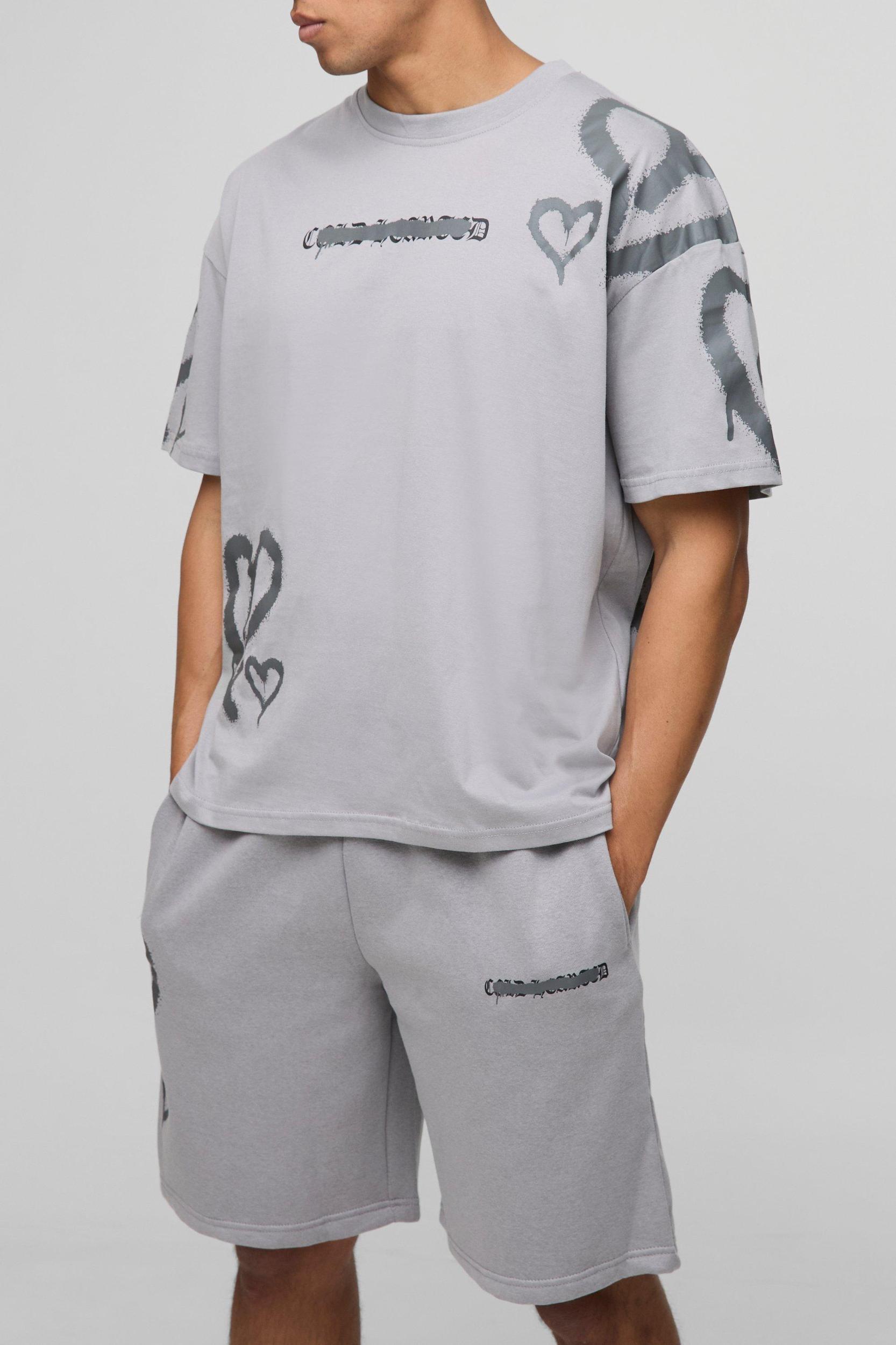 Oversized Boxy All Over Heart Printed T-Shirt And Short Set | boohooMAN USA Product Image