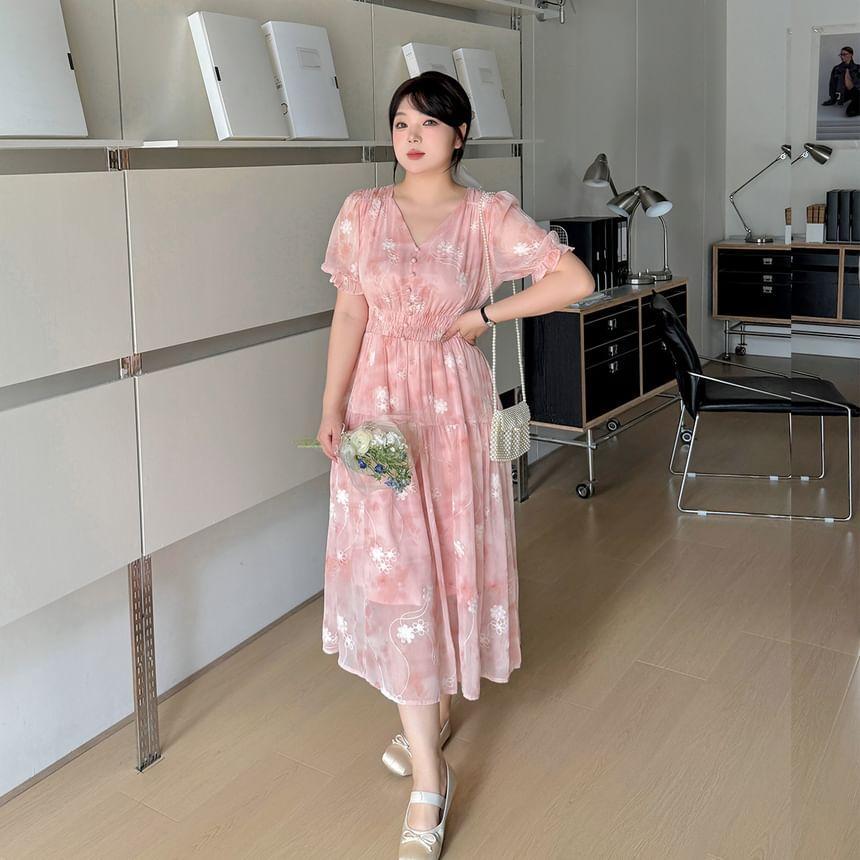 Plus Size Puff-Sleeve V-Neck Floral Midi Sundress Product Image