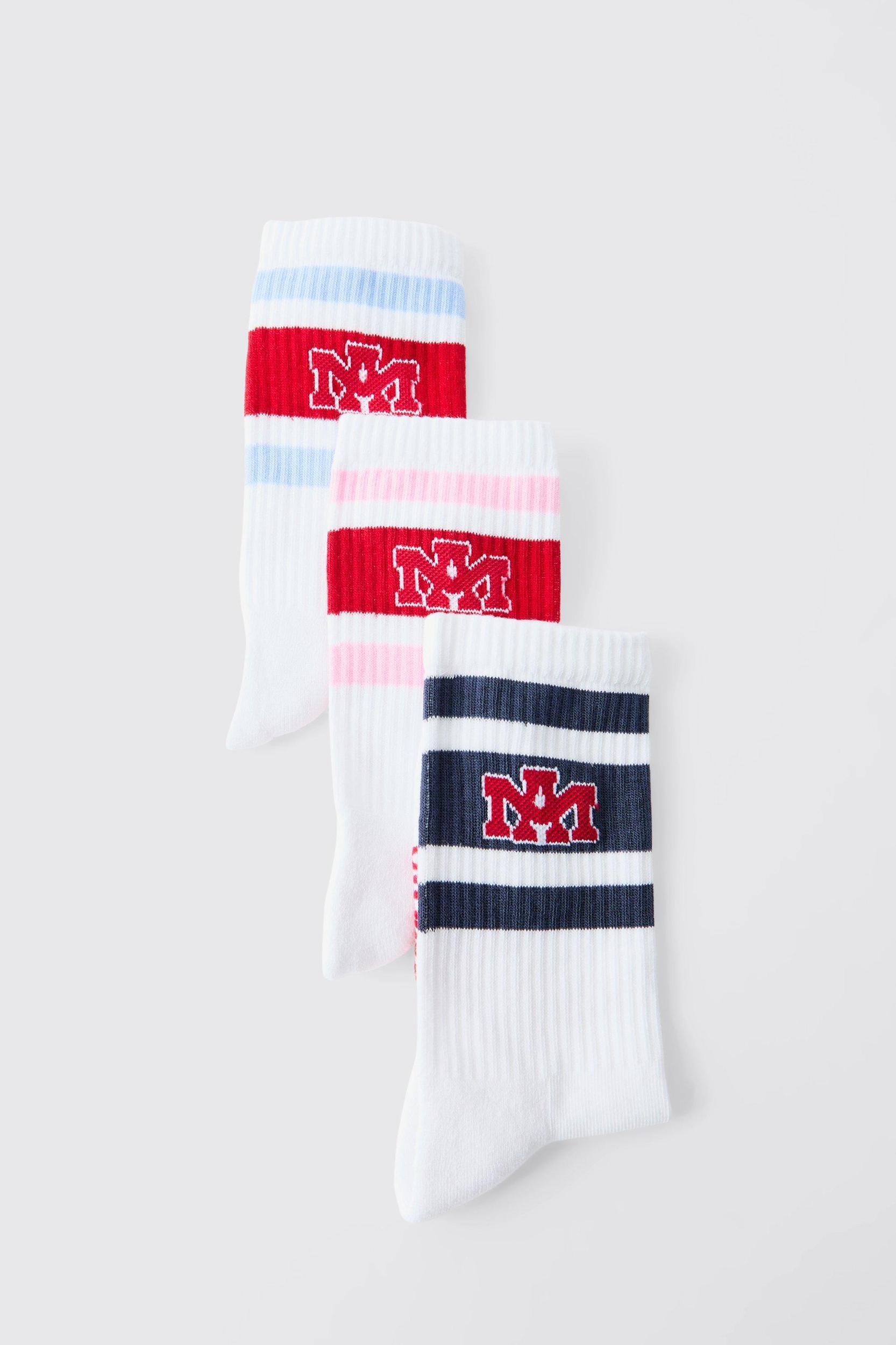 3 Pack Stripe Jacquard Ofcl MAN Badge Sport Socks | boohooMAN USA Product Image