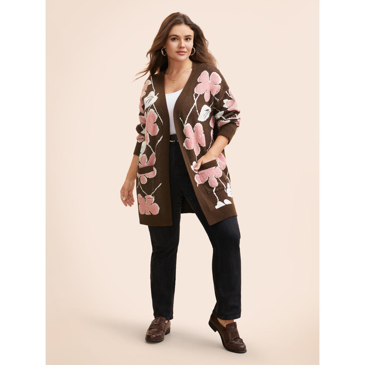 Plus Size Floral Jacquard Open Front Pocket Cardigan Browncoffeecolor Women Casual Loose Long Sleeve Everyday Cardigans BloomChic 26/4X Product Image