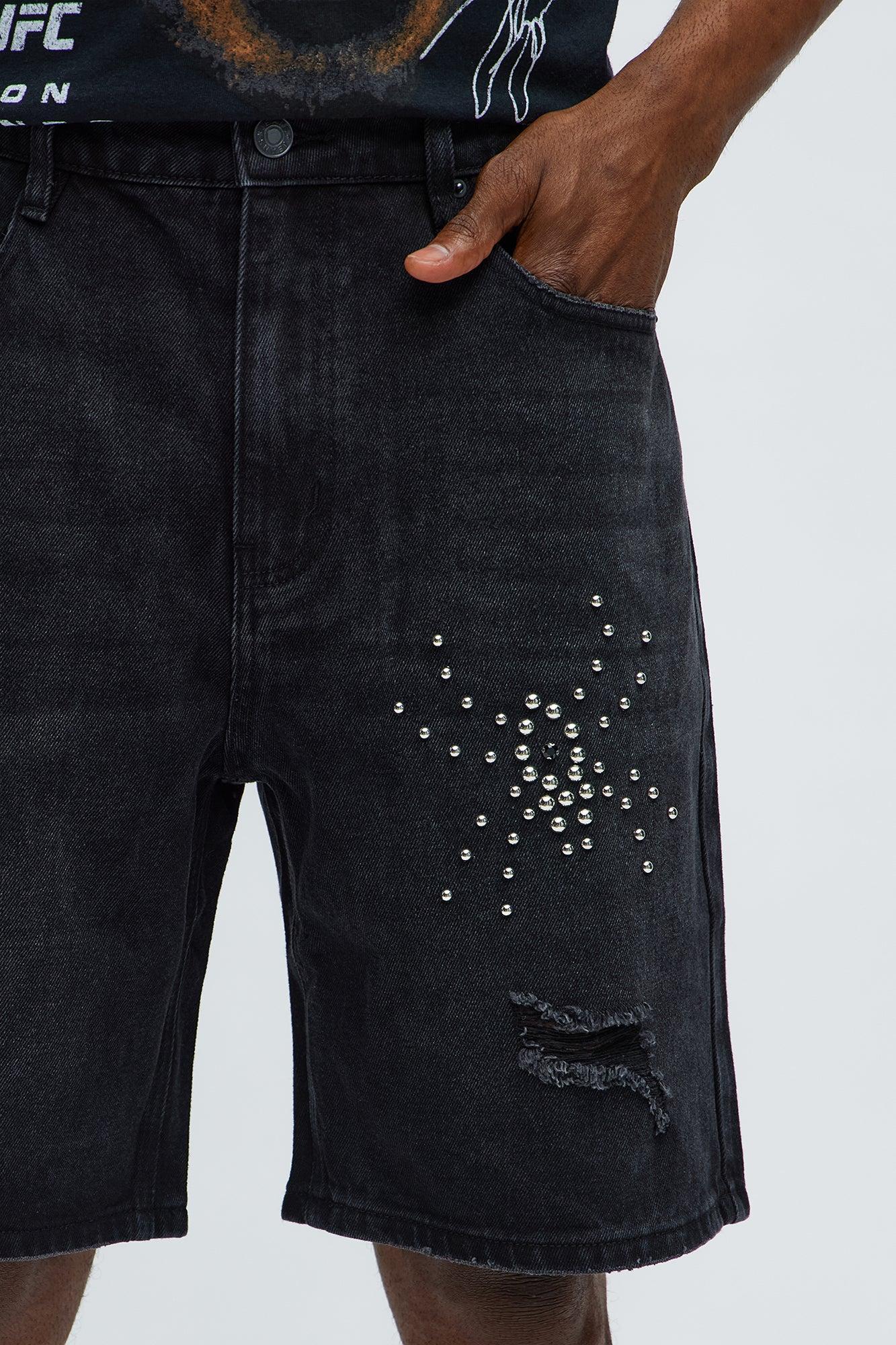 Relaxed Studded Spider Denim Shorts - Black Wash Product Image