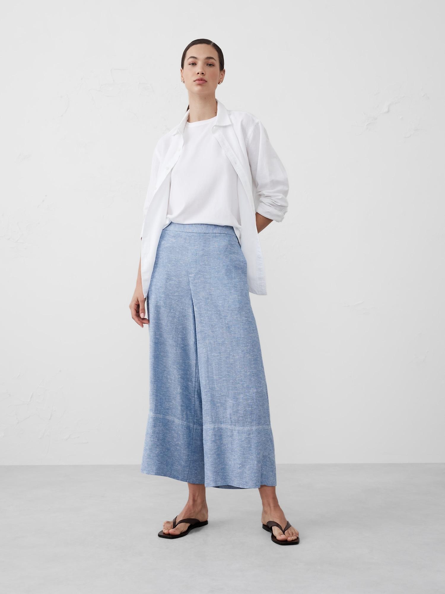Wide-Leg Linen-Blend Cropped Pull-On Pant Product Image