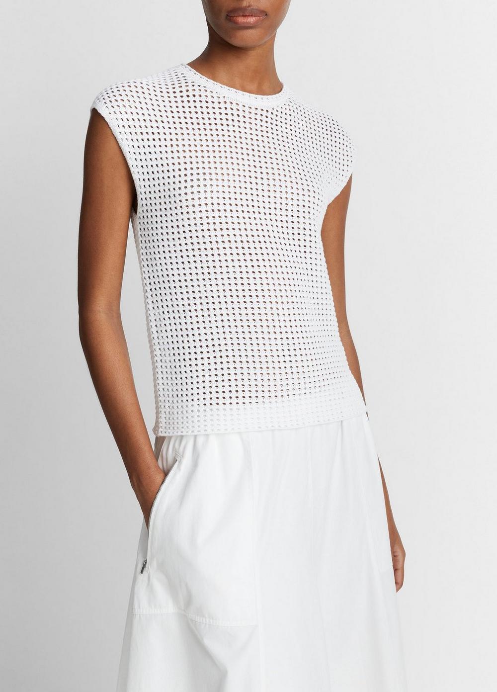 Womens Mesh-stitch Cap-Sleeve Crew Neck Sweater, Petal Pearl, Size M Vince Product Image
