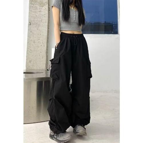 Mid Waist Plain Drawstring Cargo Baggy Pants Product Image