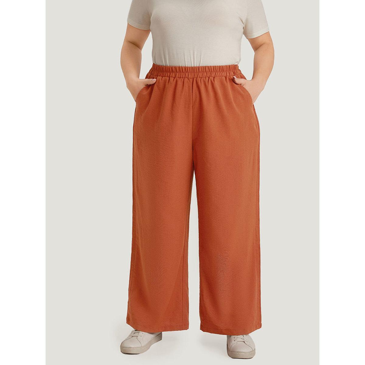 Plus Size Plain Plicated Detail Pocket Elastic Waist Wide leg Pants Women Chocolate Casual Straight Leg High Rise Dailywear Pants BloomChic 28/5X Product Image
