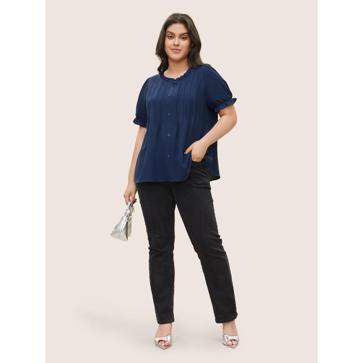 Plus Size Indigo Plain Mesh Lace Patchwork Pleated Frill Trim Blouse Women Casual Short sleeve Stand-up collar Everyday Blouses BloomChic 22-24/3X Product Image