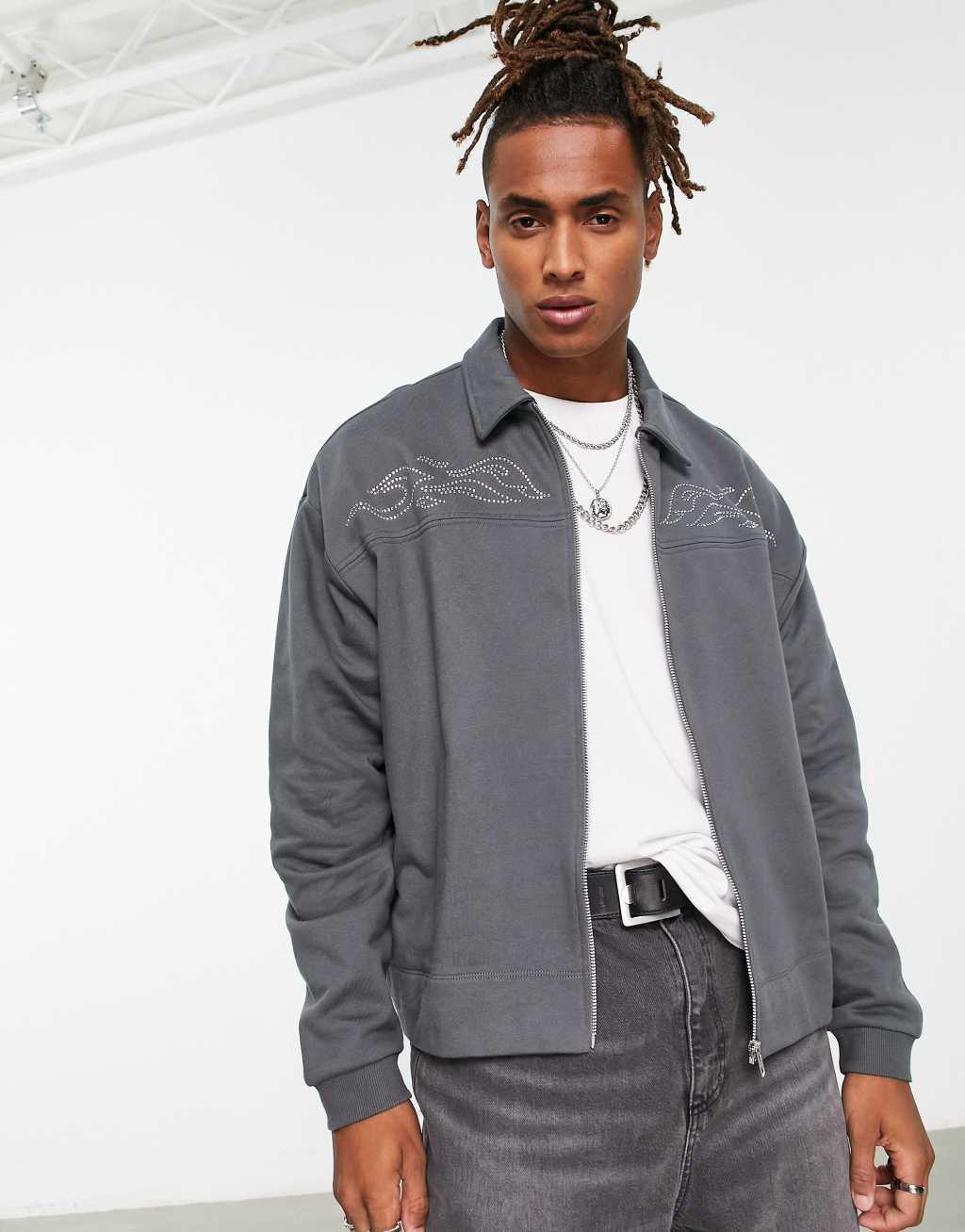 ASOS DESIGN oversized jersey jacket in gray with diamante chest print Product Image