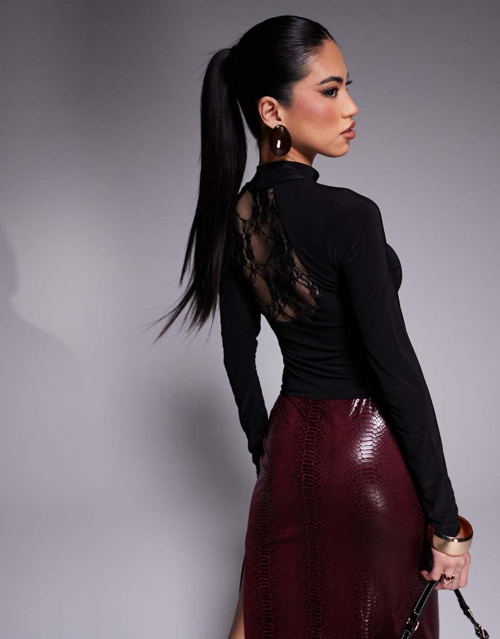 ASOS DESIGN slinky long sleeve top with lace back detail in black Product Image
