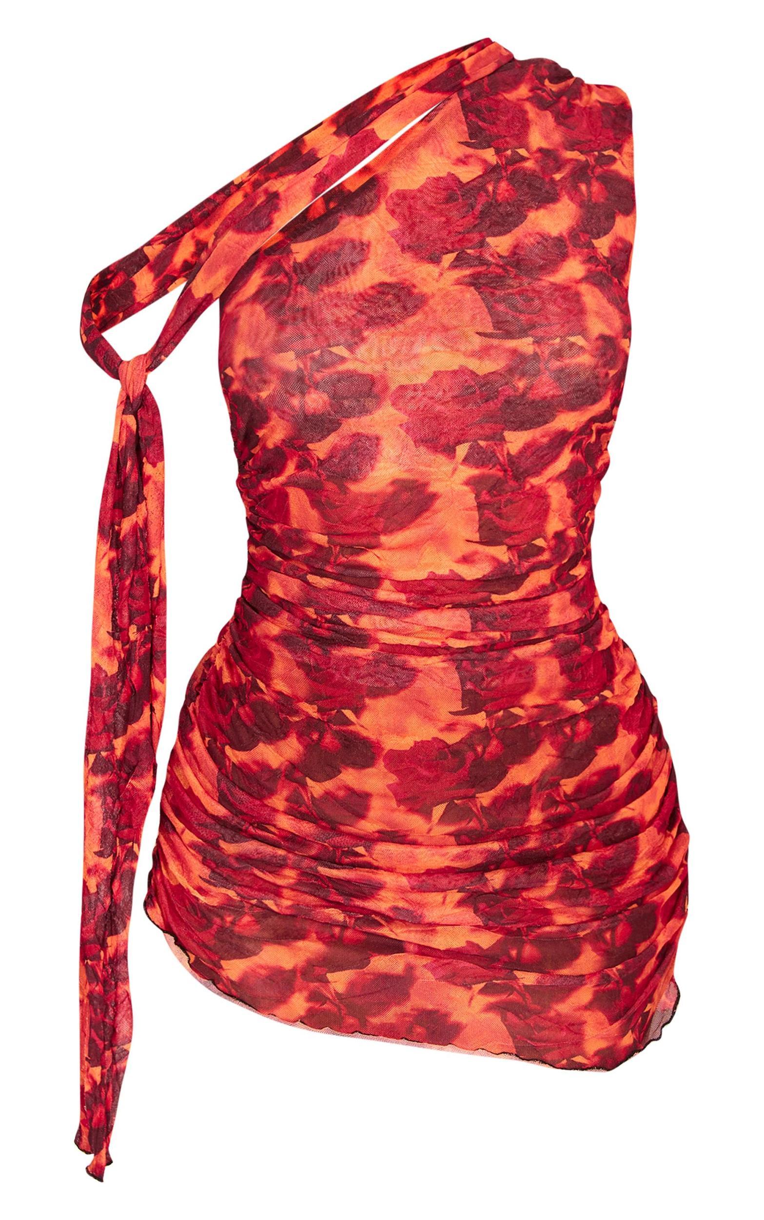 Petite Orange Print Crushed Mesh One Shoulder Mini Dress Product Image