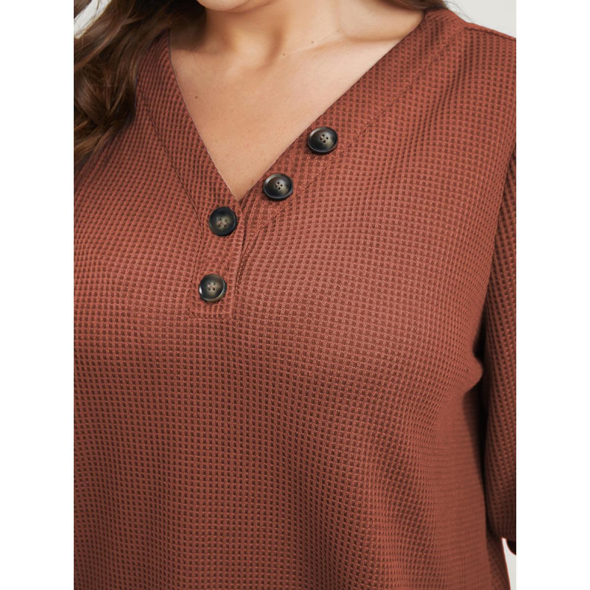 Plus Size Solid Lantern Sleeve Button V Neck Waffle Knit Long Tee Chocolate Women Casual Button Plain V-neck Dailywear T-shirts BloomChic 18-20/2X Product Image