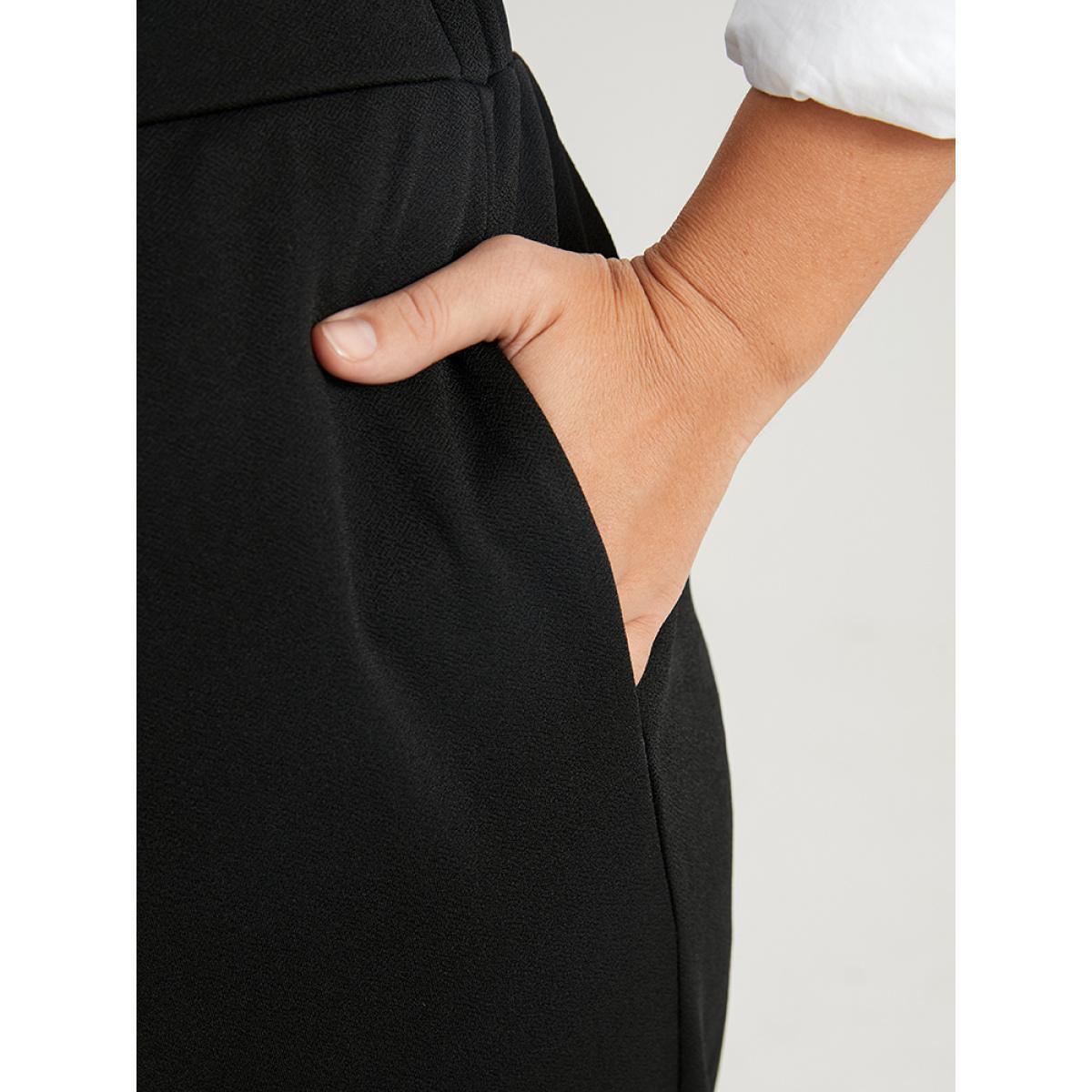 Plus Size Solid Elastic Waist Fake Button Pocket Pants Women Black Office High Rise Work Pants BloomChic 14-16/1X Product Image