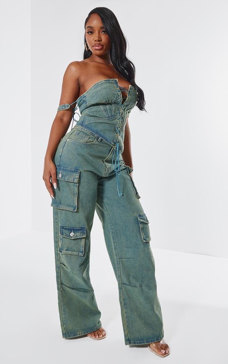 Shape Vintage Wash Denim Lace Up Front Corset Product Image