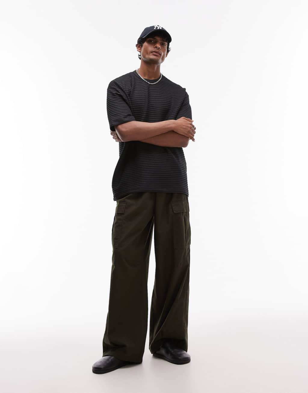 Topman oversized fit rib knit dressy t-shirt in black Product Image