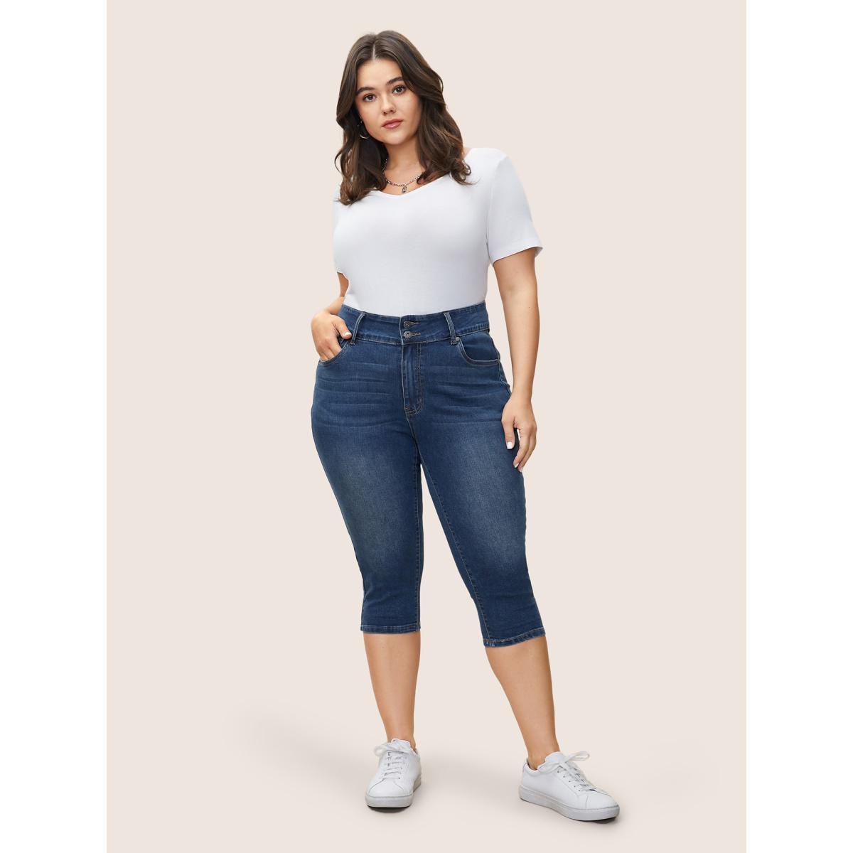 Plus Size Skinny Below The Knees Pocket Jeans Women Aegean Casual Plain Non High stretch Slanted pocket Jeans BloomChic 22/3X Product Image