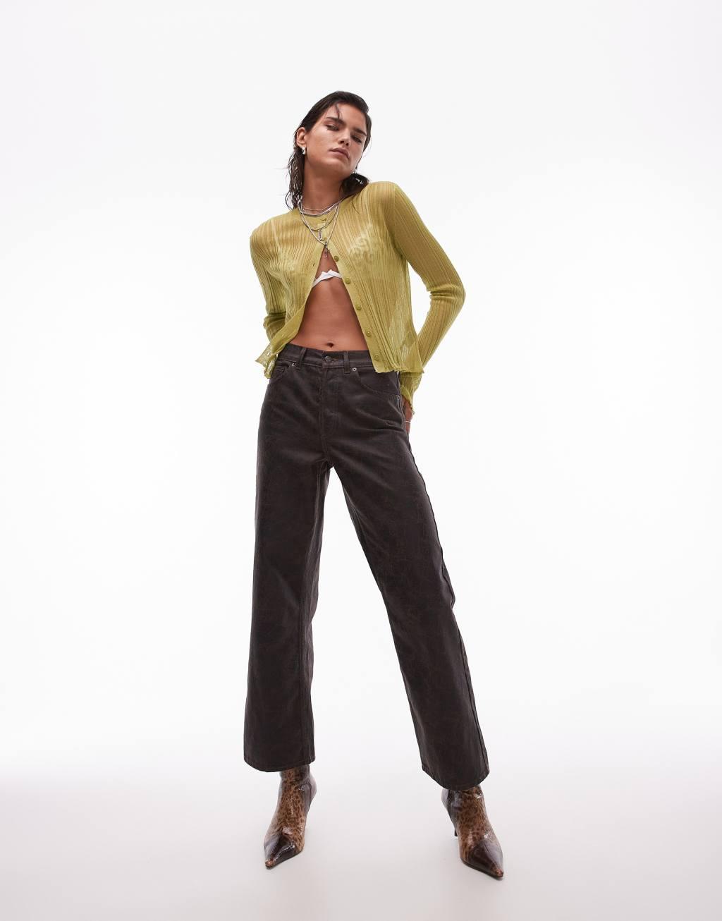 Topshop mid rise loose fit straight jeans in brown crackle Product Image