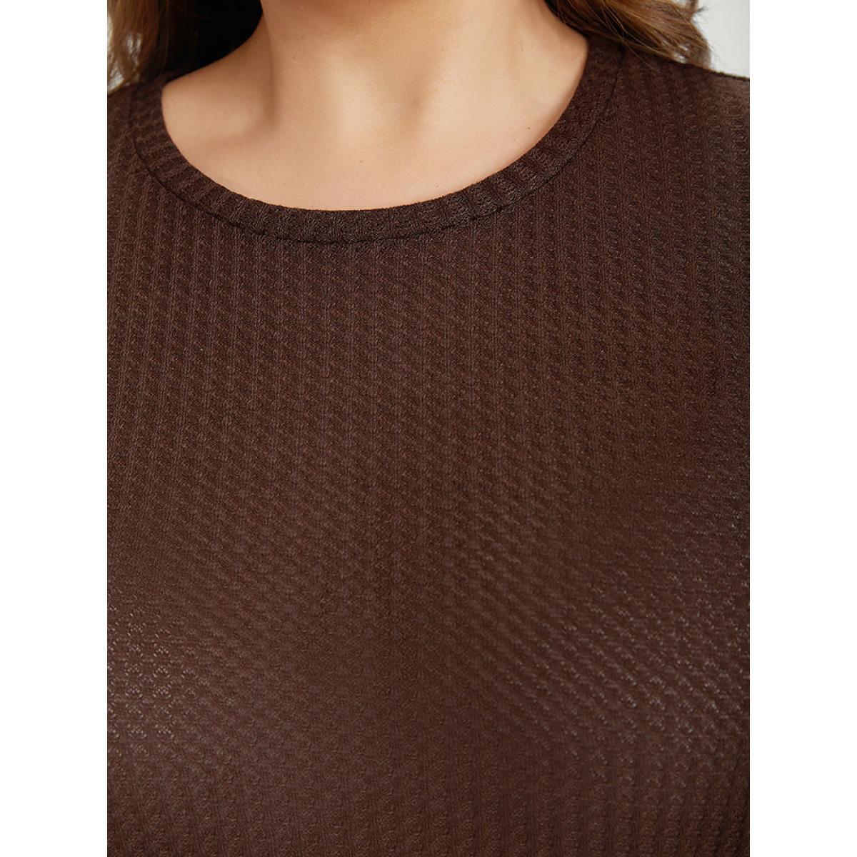 Plus Size Ditsy Floral Patchwork Lantern Sleeve Waffle Knit Sweatshirt Women DarkBrown Elegant Round Neck Dailywear Sweatshirts BloomChic 12/L Product Image