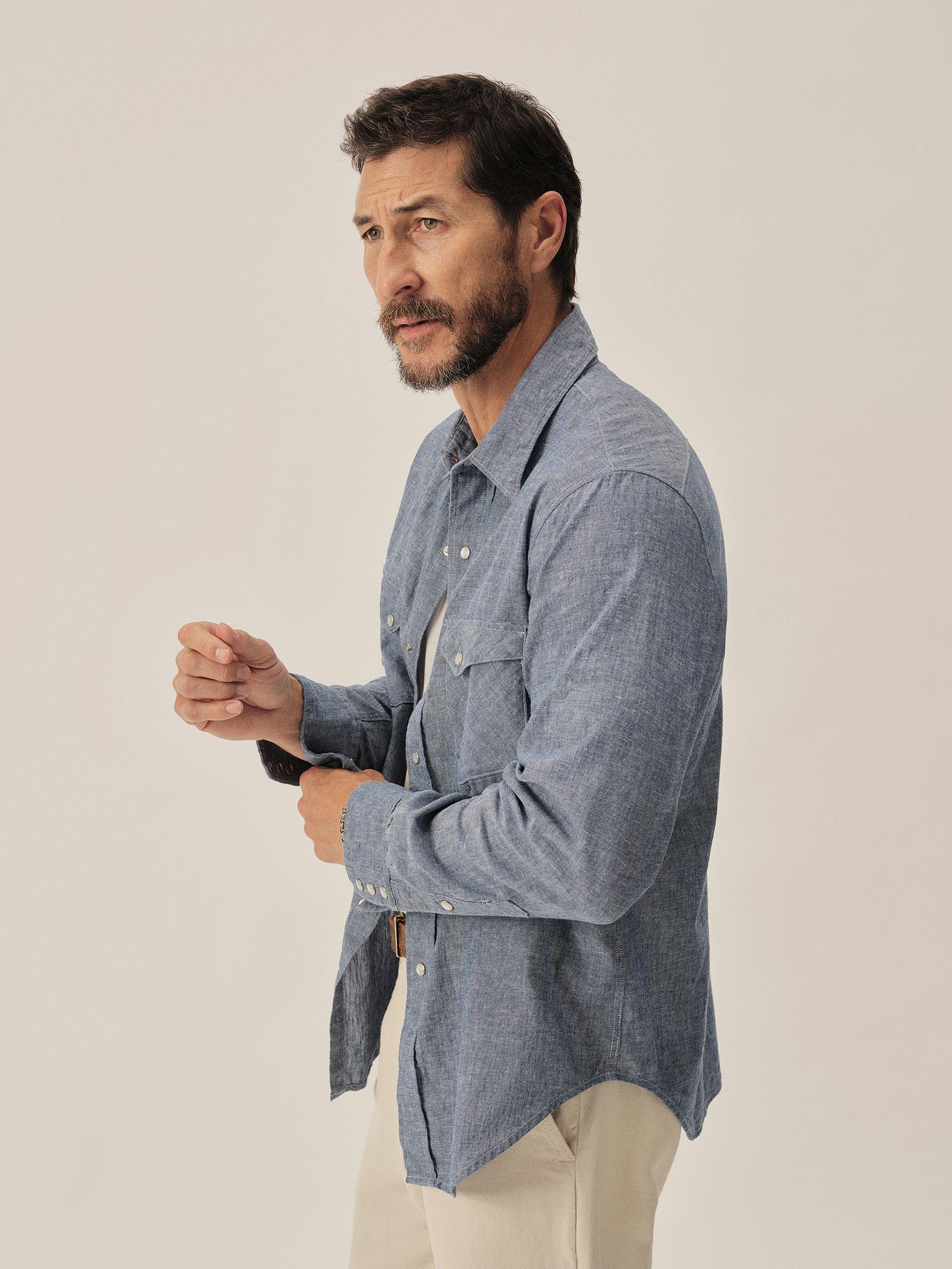 Light Blue End on End Linen/Cotton Pacific Drifter Western Shirt Product Image
