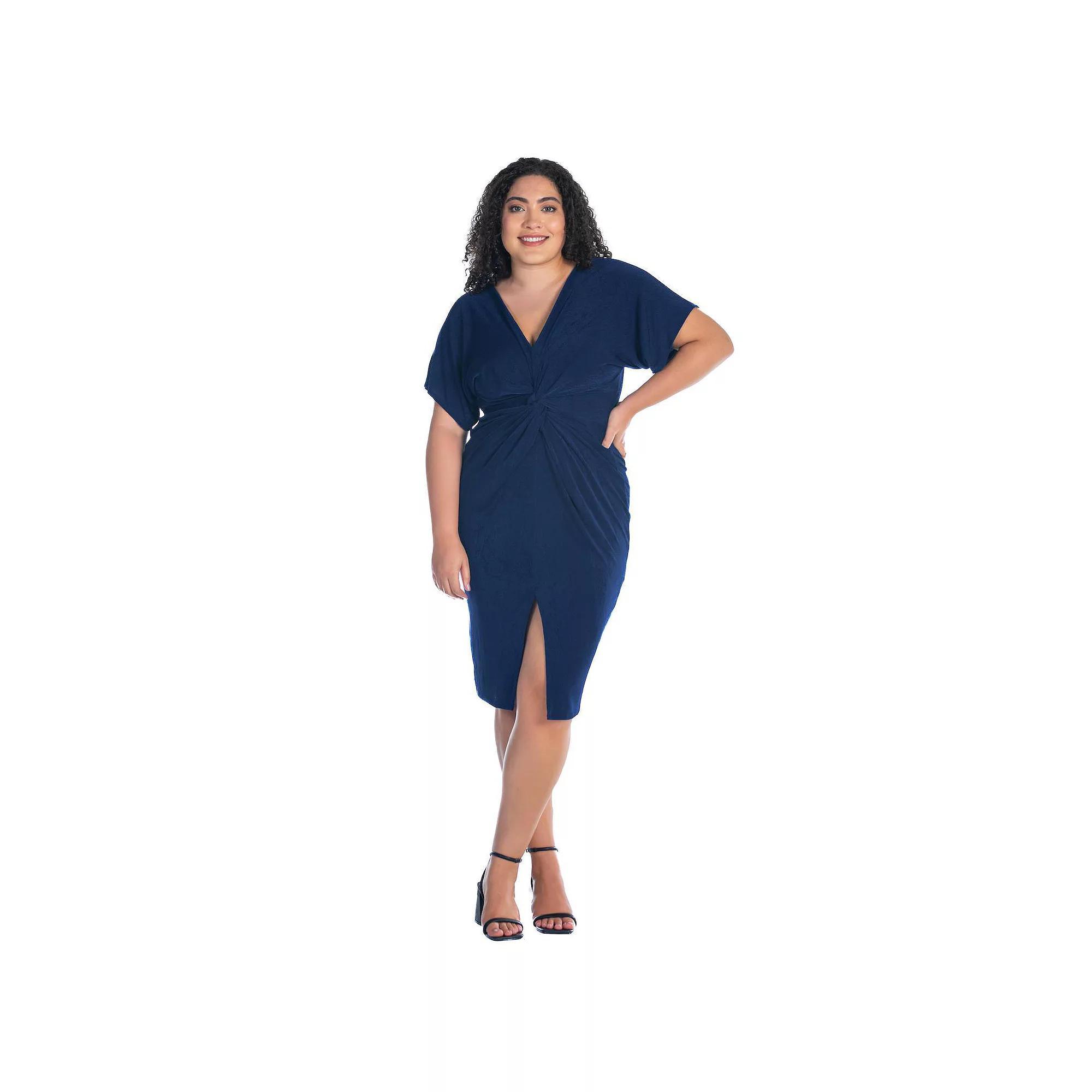 Plus Size 24Seven Comfort Apparel Short Sleeve V-Neck Twist Front Split-Hem Dress, Women's, Size: 2XL, Hunter Product Image