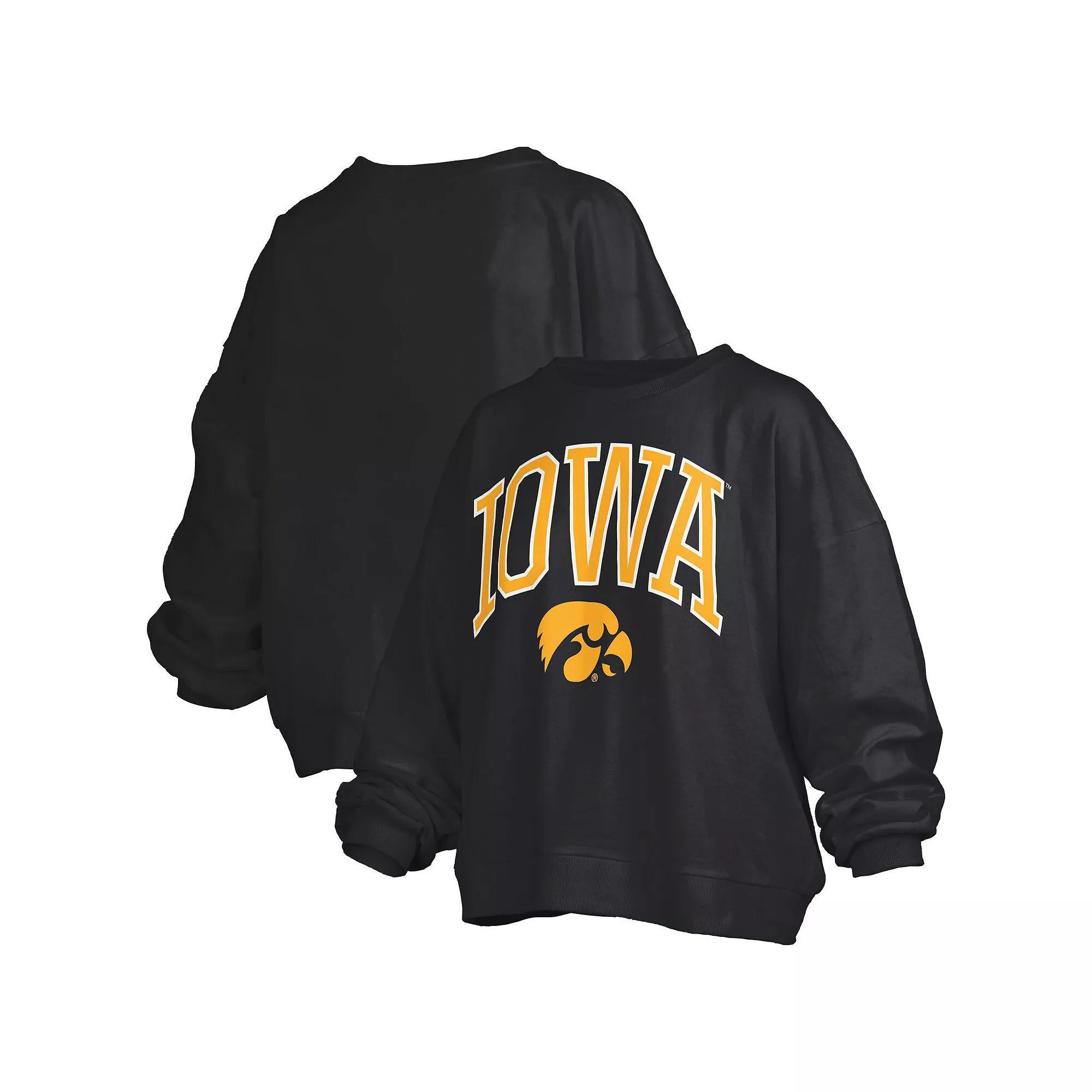 Women's Pressbox Black Iowa Hawkeyes Janise Arch Over Logo Waist Length Oversized Pullover Sweatshirt, Size: XL Product Image